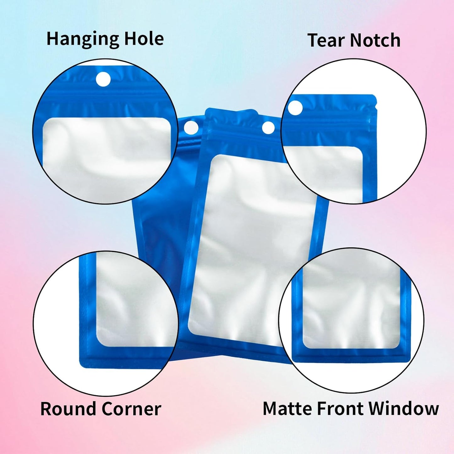 200 Pack Resealable Mylar Holographic Bags Food Storage Smell Proof Bags with Front Window Foil Packaging Pouch for Candy Sample Jewelry Small Business 4.13×5.91 Inch, Blue