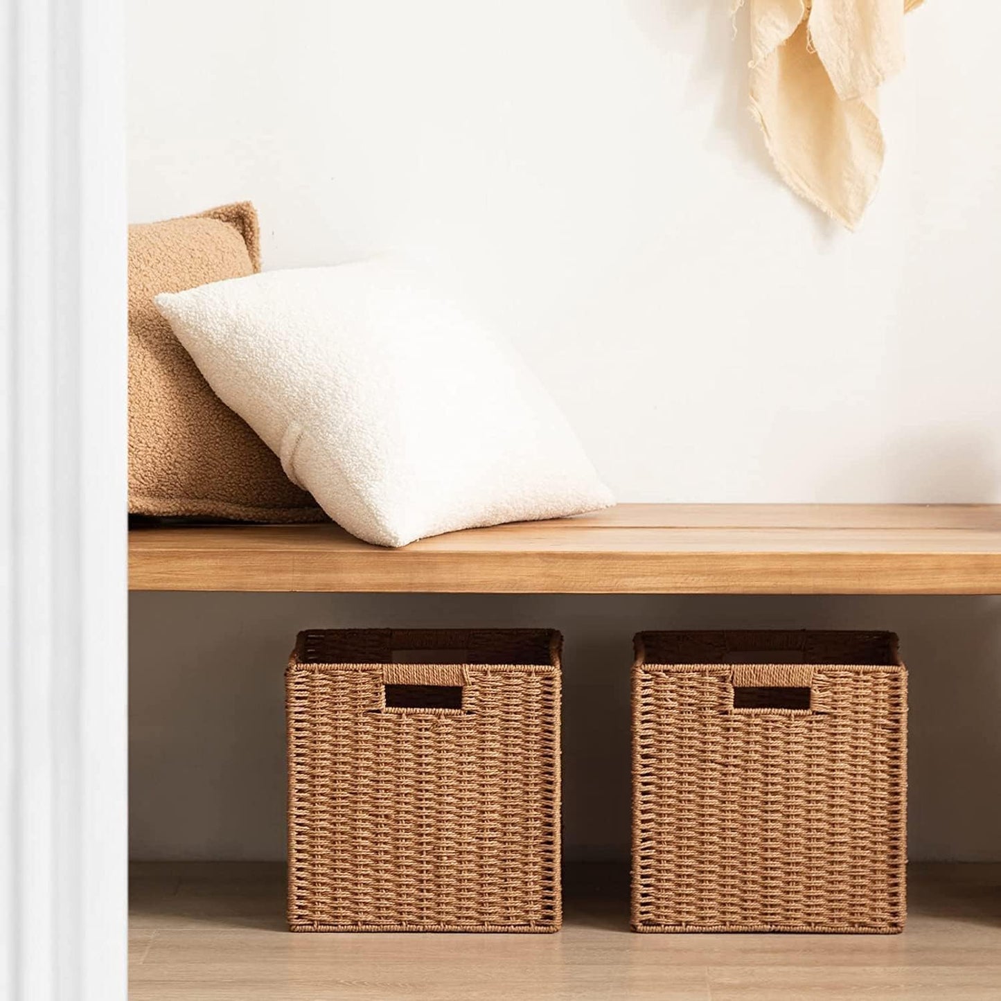 UBBCARE 4 Pack Wicker Basket, 11L×11H×10.5W inch Woven Paper Rope Storage Baskets for shelves, Foldable Cube Storage bin with Handle, Storage Basket for Organizing & Decor, Caramel