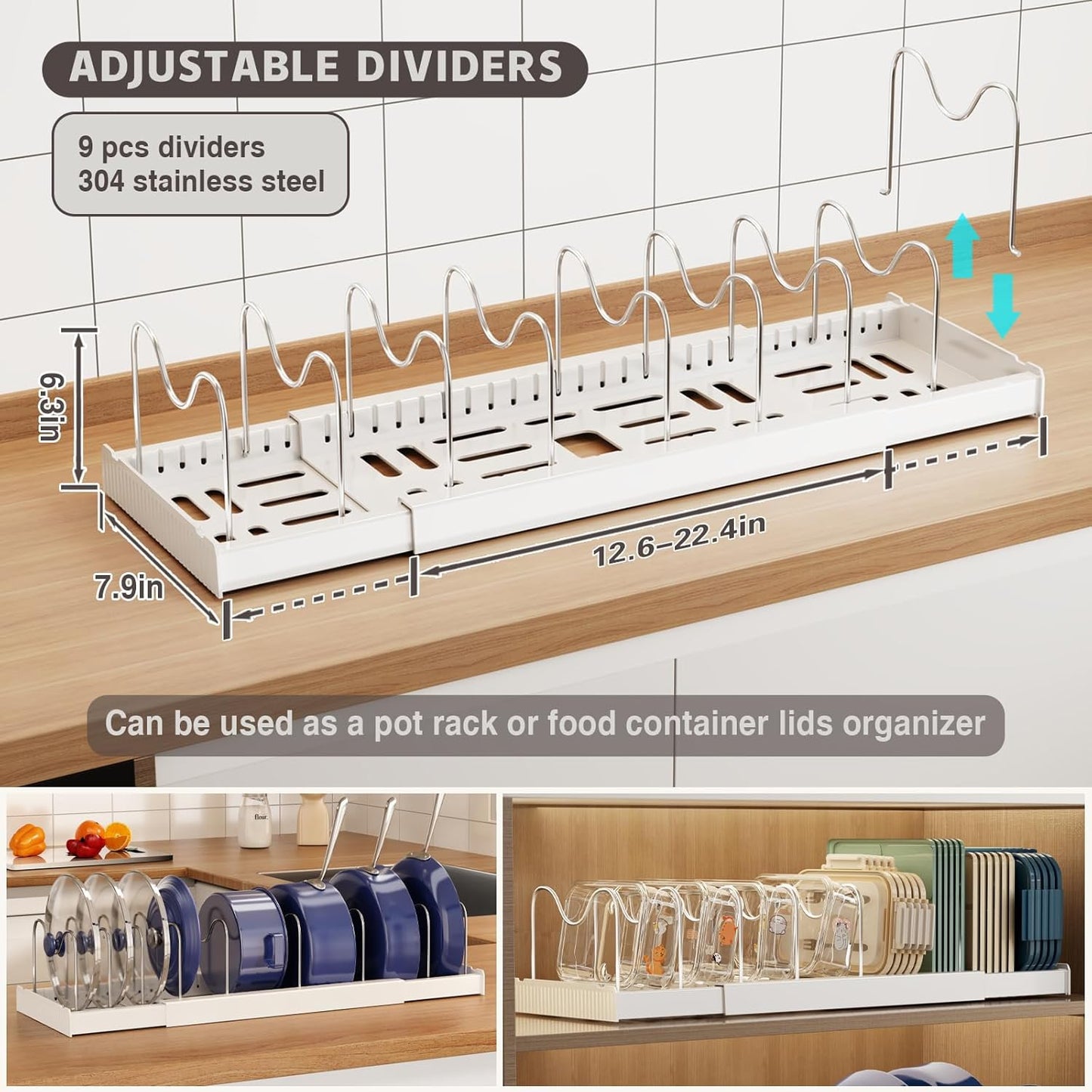 2 Pack Expandable Food Storage Container Lid Organizers, 22" Pots and Pans Organizer Under Cabinet with 9 Adjustable Dividers Pot and Pan Lid Holders Rack Inside Cabinet(White)