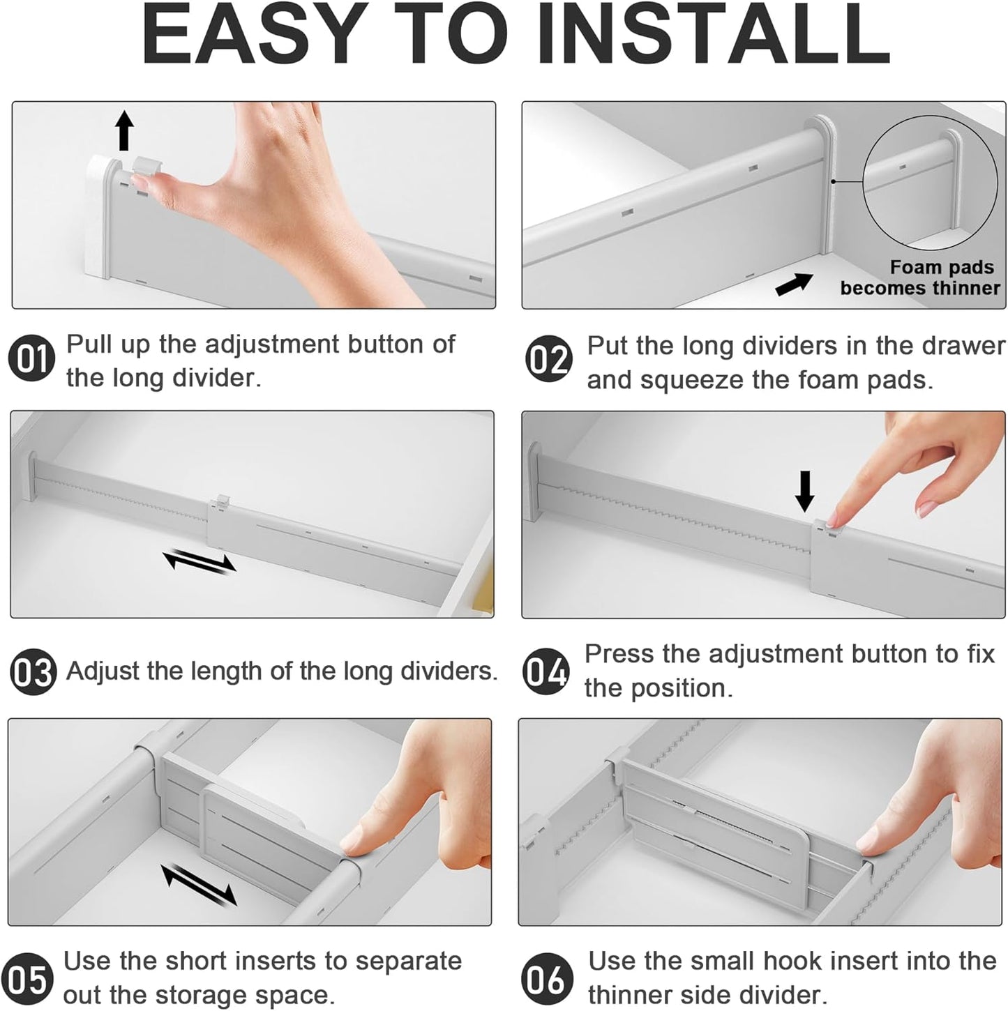 HiYZ Expandable Drawer Dividers with Inserts - Adjustable Drawer Organizers Separators for Kitchen, Bedroom, Dresser, Office, 3 Long Dividers(12.6-22.8 IN) with 6 Inserts(3.9-7.1 IN) - Gray