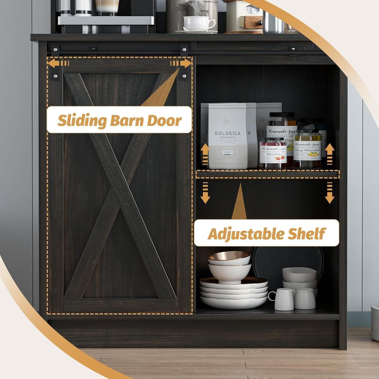 4ever2buy Farmhouse Coffee Bar Cabinet with Hutch, 50 Inch Coffee Bar Hutch with Sliding Barn Door & 6 Hooks for Living Dining Room, Dark Oak
