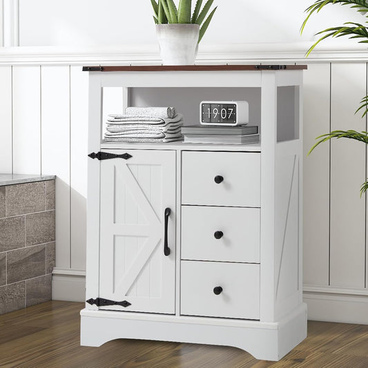 JOMEED Bathroom Floor Cabinet, Farmhouse Storage Cabinet with 3 Drawers & Adjustable Shelves, Free-Standing Cupboard for Kitchen, Living Room, Bathroom, White