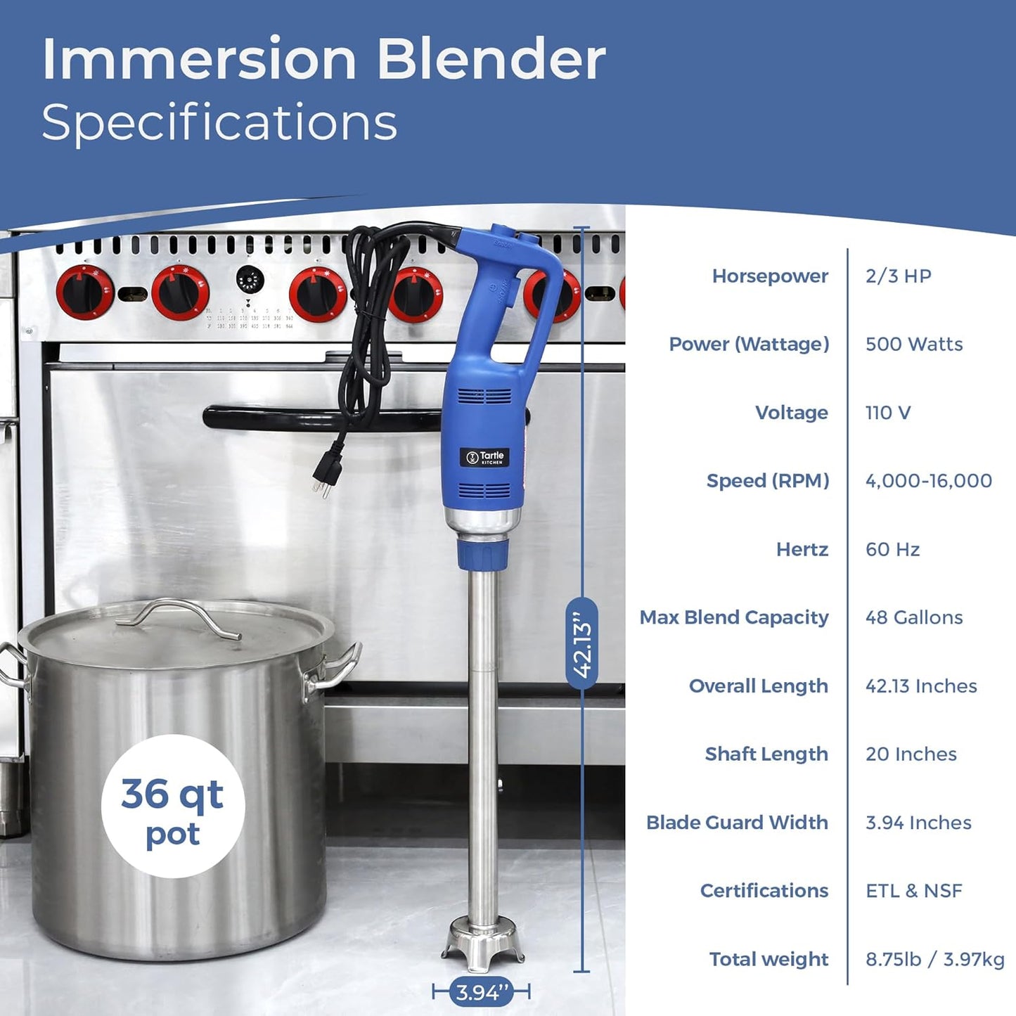 Commercial Immersion Blender, Variable Speed, Heavy Duty 500W, 4000-16000 RPM, 20inch Shaft
