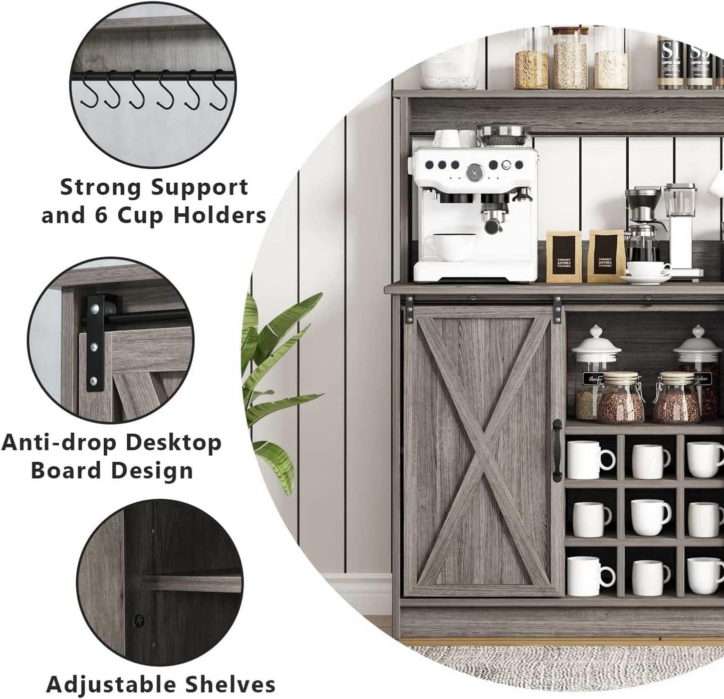 4ever2buy Farmhouse Coffee Bar Cabinet with Hutch, 47 Inch Wine Bar with Storage, Buffet Cabinet with Adjustable Shelves & 9 Wine Racks, Kitchen Buffet Cabinet for Dining Living Room, Grey