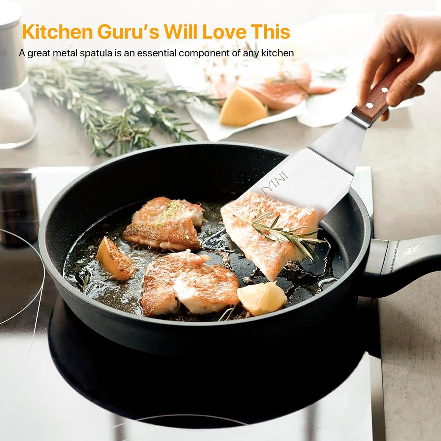 Stainless Steel Spatula Turner for Cast Iron Skillet, Grill Spatula with Wooden Handle, Heavy Duty Pancake Turner Metal