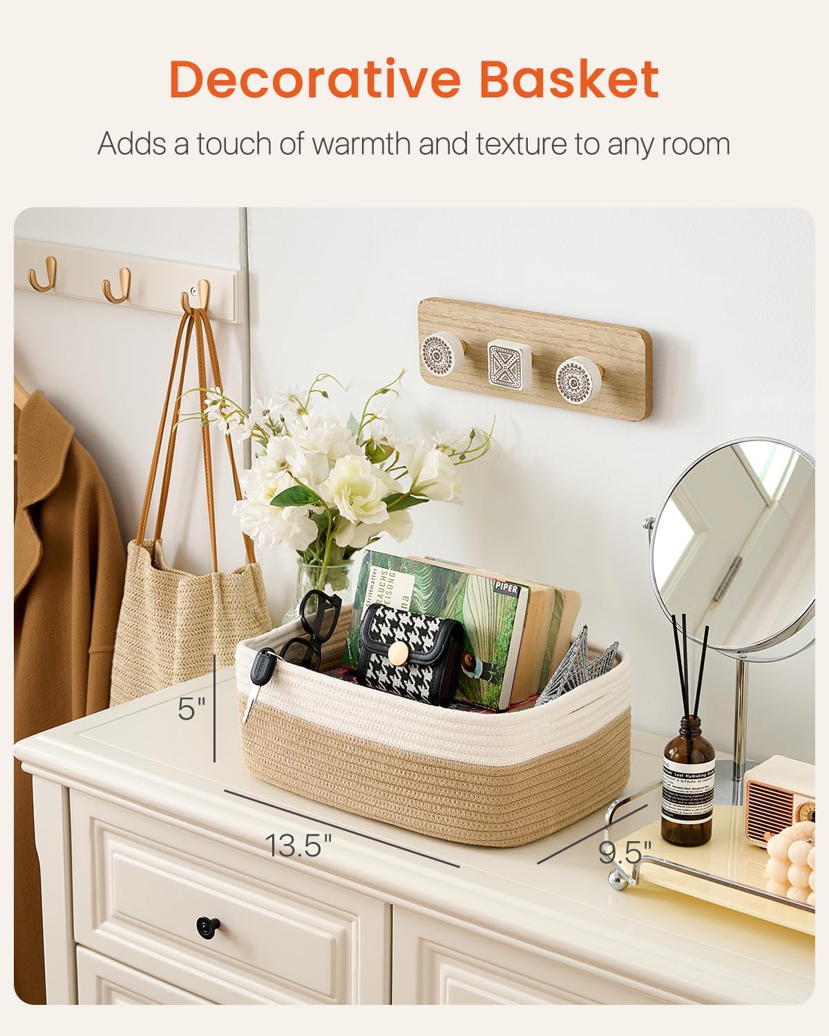 Small Woven Basket, 13.5 x 9.5 x 5 Inches, Storage Basket for Organizing, Cute Small Rope Shelf Closet Cube Storage Bins Baskets for Shelves, Dog Toy Gift Baskets Empty, 3 Pack White & Brown