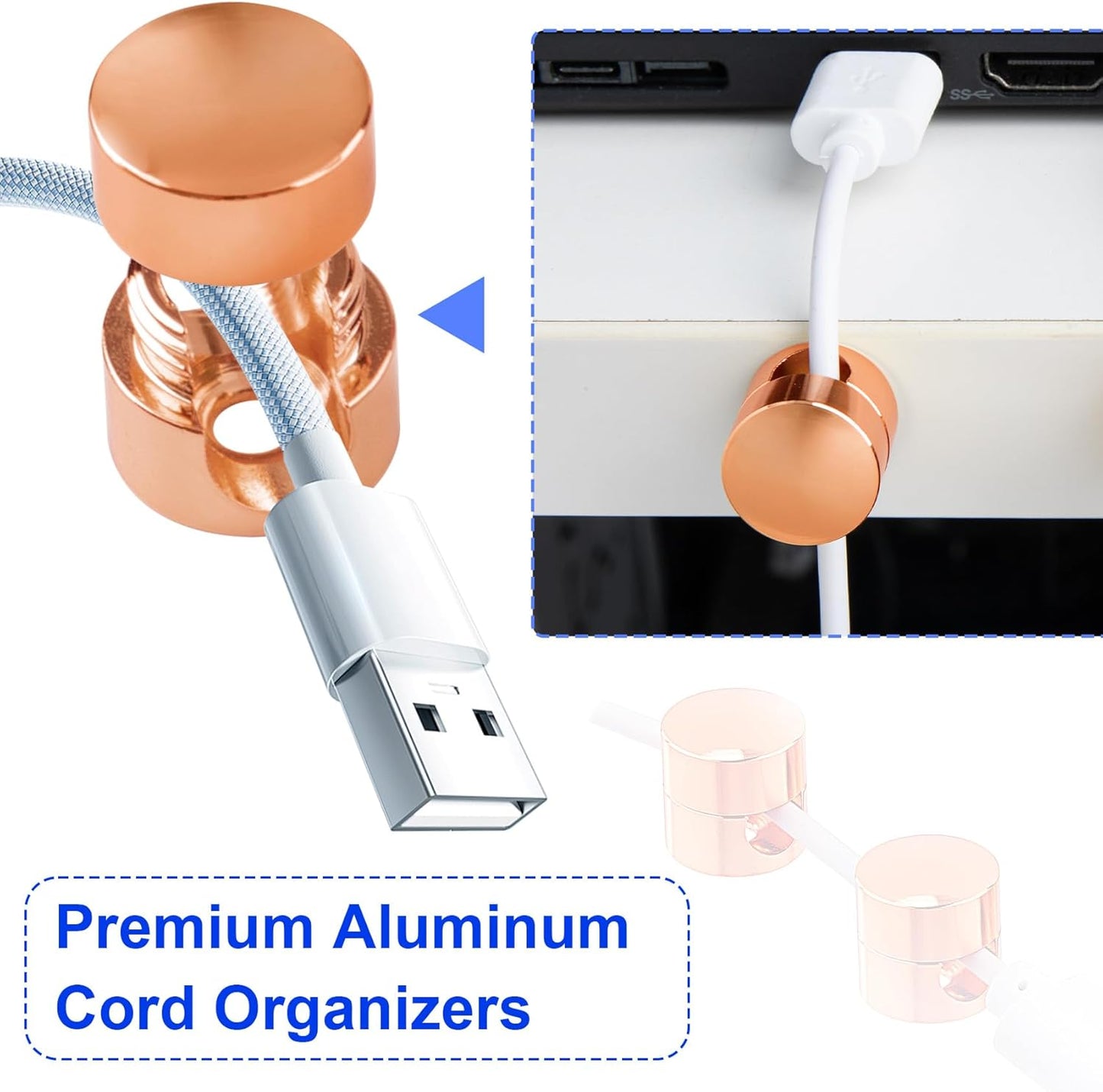 3 Sets Charger Holders for Cords, Rose Gold Color Adjustable Cable Anchor Holders, Adhesive Metal Cord Clips, Cable Management Wire Organizers for Desk, Office, Nightstand