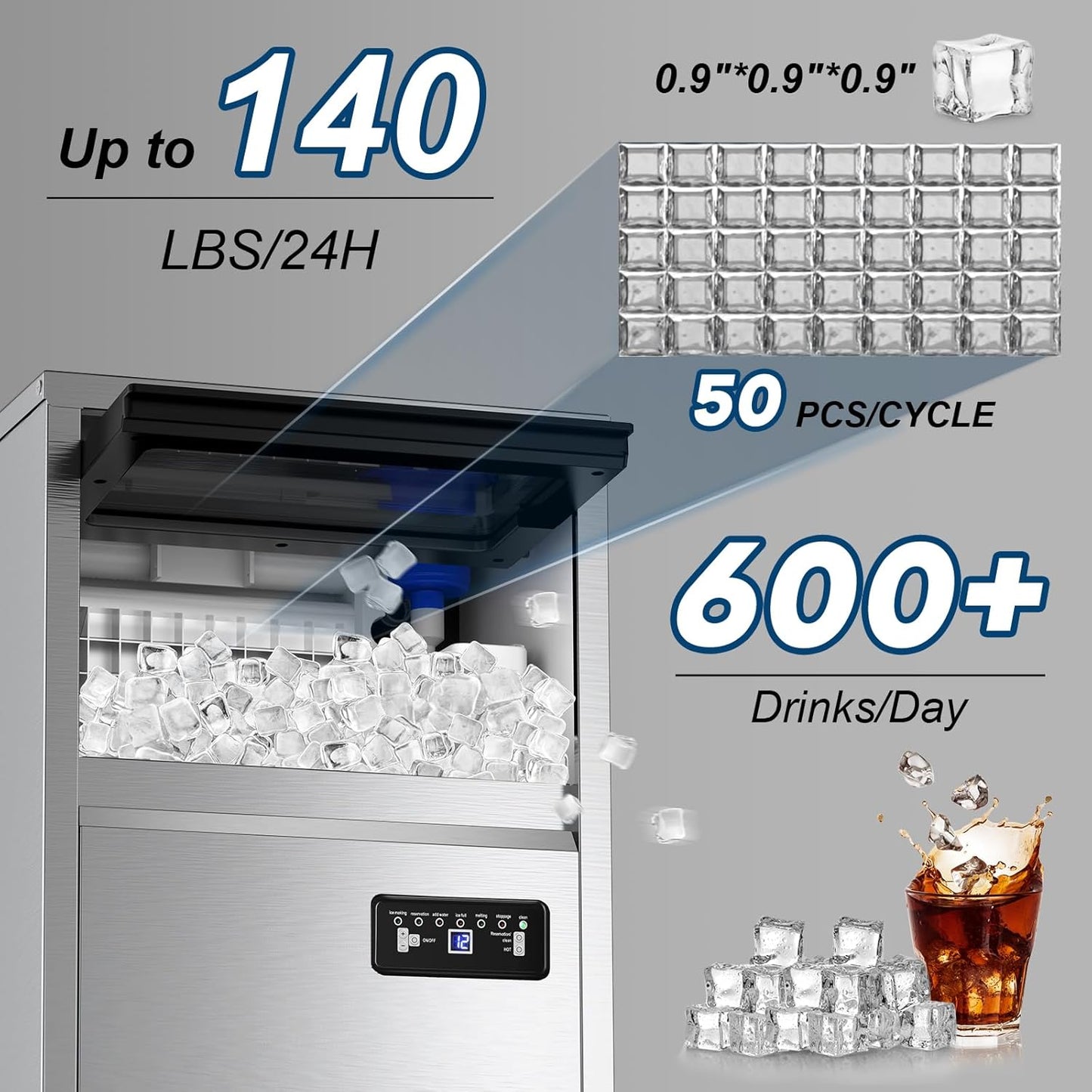 140Lbs/24H Ice Maker Machine with 30Lbs Ice Capacity for Commercial &Home use, 50Pcs Clear Ice Cubes per Round in 11-20Mins, Stainless Steel Under Counter Freestanding Ice Machine Maker
