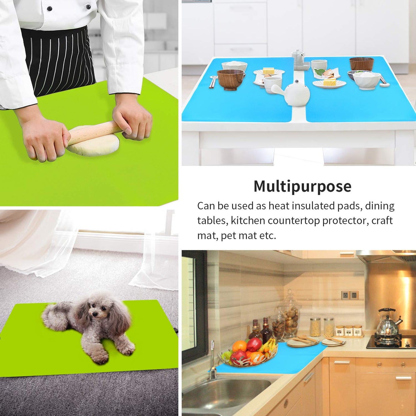 2 Pack Extra Large Silicone Mats for Crafts, Silicone Placemats for Dining Table Countertop Protector, Heat Resistant Baking Mat Reusable Dough Rolling Pad (Blue & Green, 23.6''x15.7'')