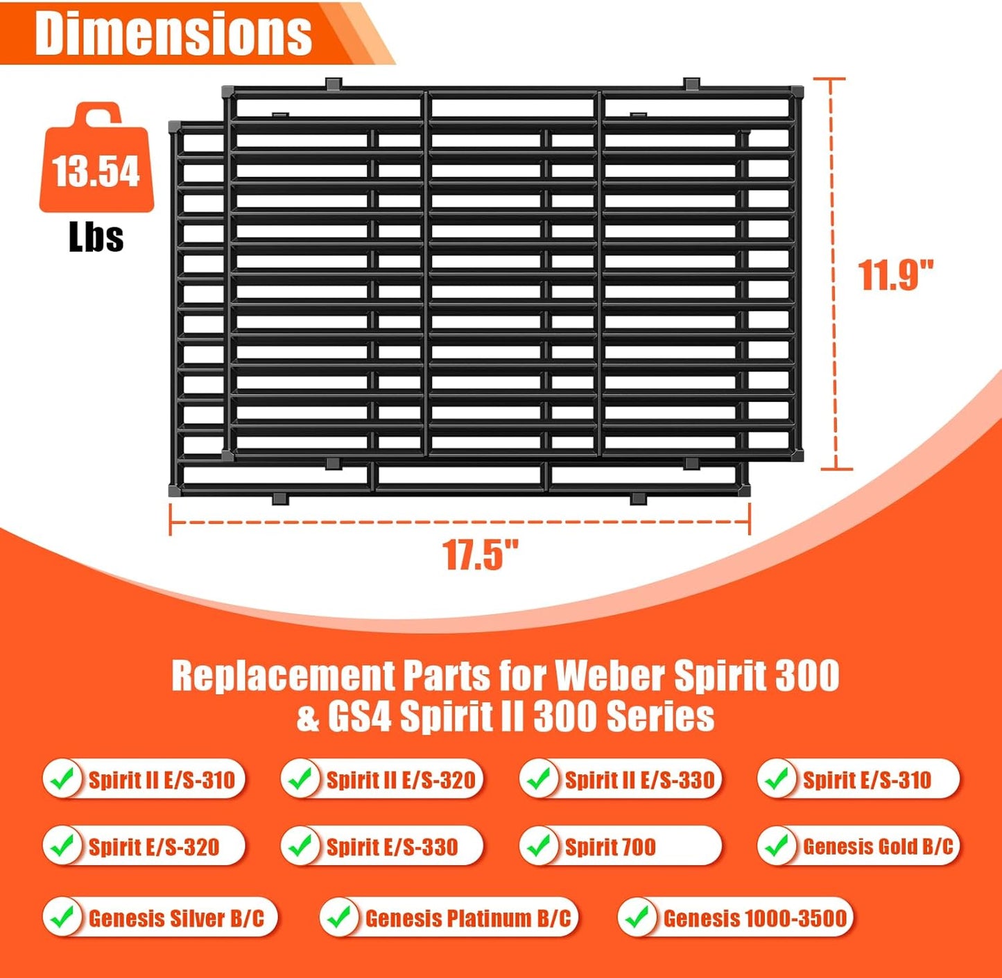 QuliMetal 17.5" Grill Grates for Weber Spirit 300 and GS4 Spirit II 300 Series, Spirit E-310, Spirit II E-310, Genesis Silver/Gold B & C, Genesis 1000-3500, Porcelain-Enameled Cast Iron Grate for 7638