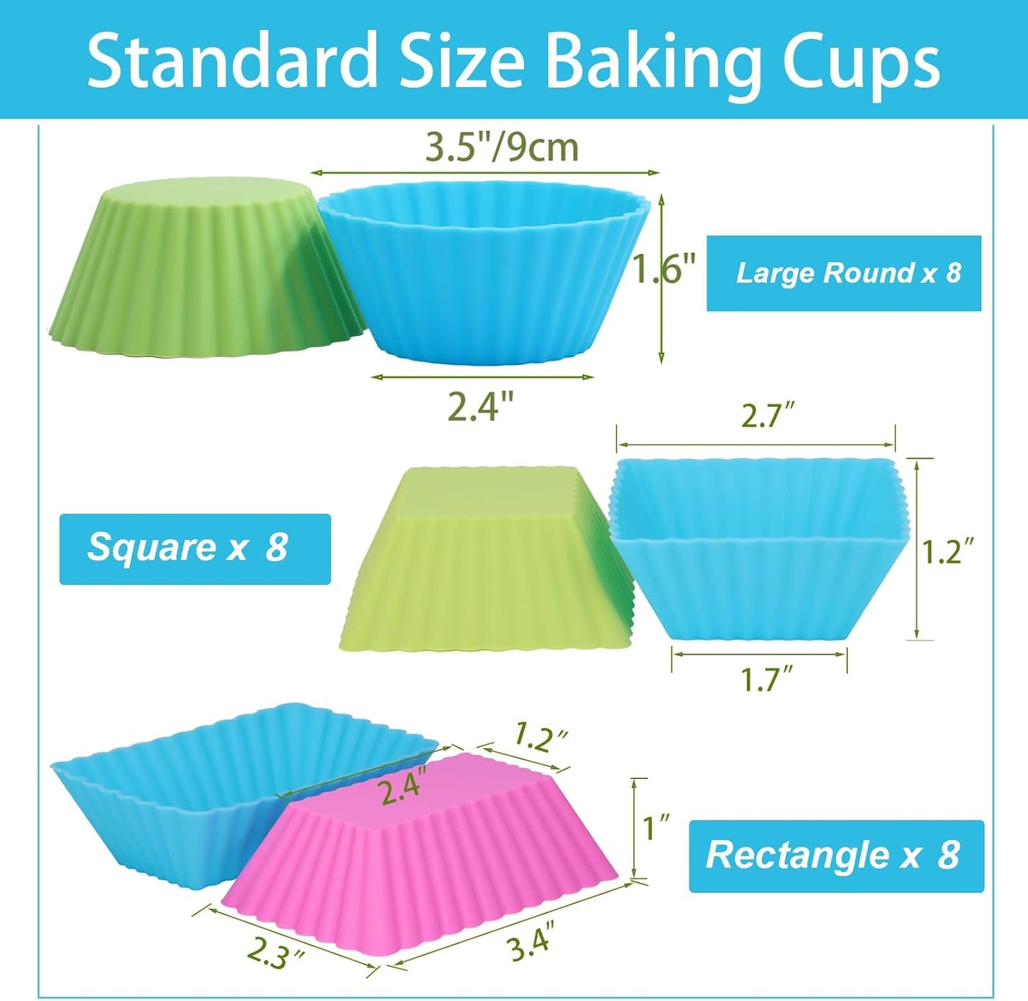 24Pack Silicone Muffin Cups, Reusable Cupcake Liners Molds for Baking, 3 Shapes Lunch Box Bento Dividers-Round, Square, and Rectangular (Colorsful, Regular Size)