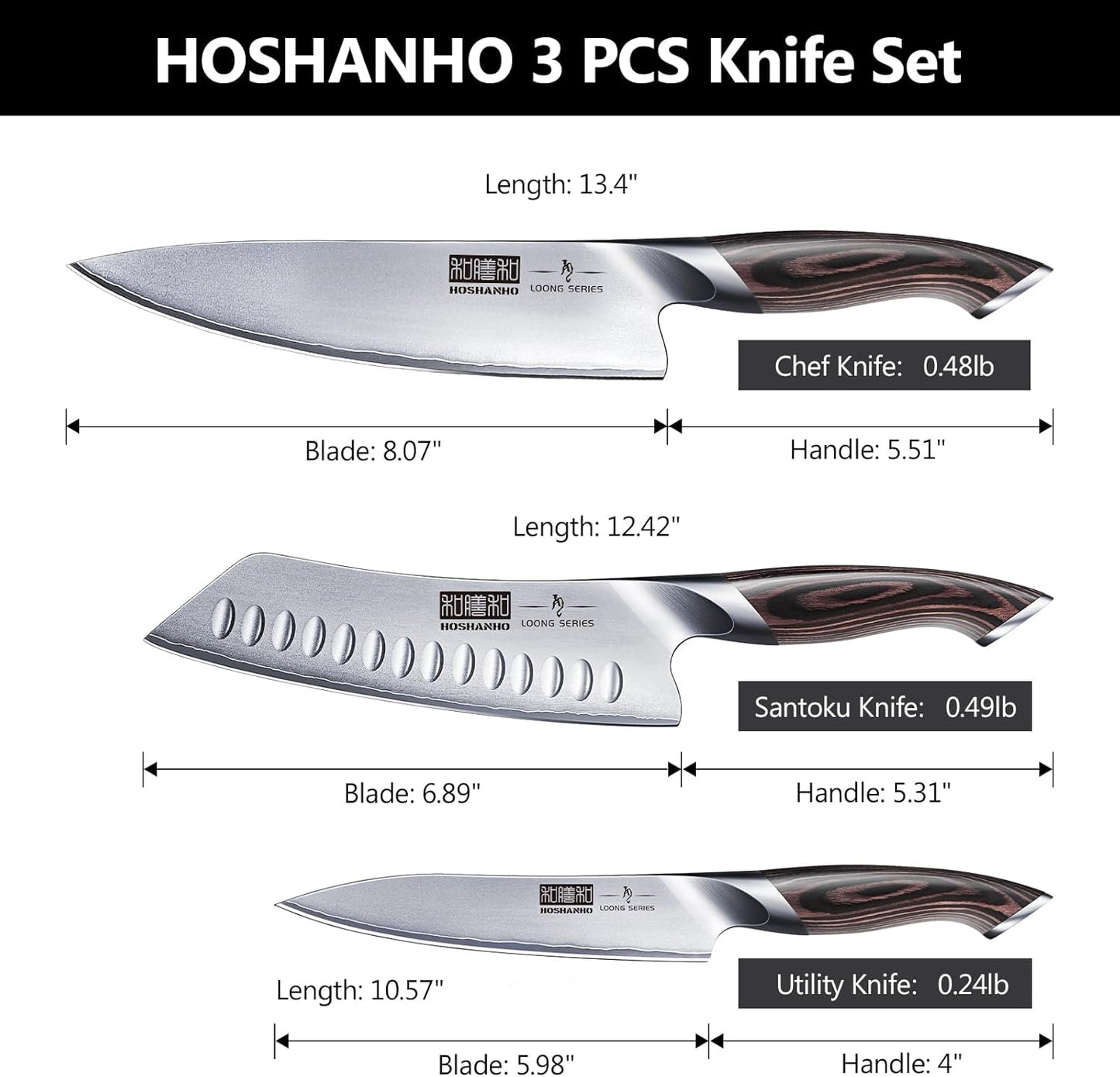 3 Pieces Knife Set, Professional Japanese High Carbon Stainless Steel Kitchen Knife Set, Ultra Sharp Chef Knives Sets with Ergonomic Pakkawood Handle