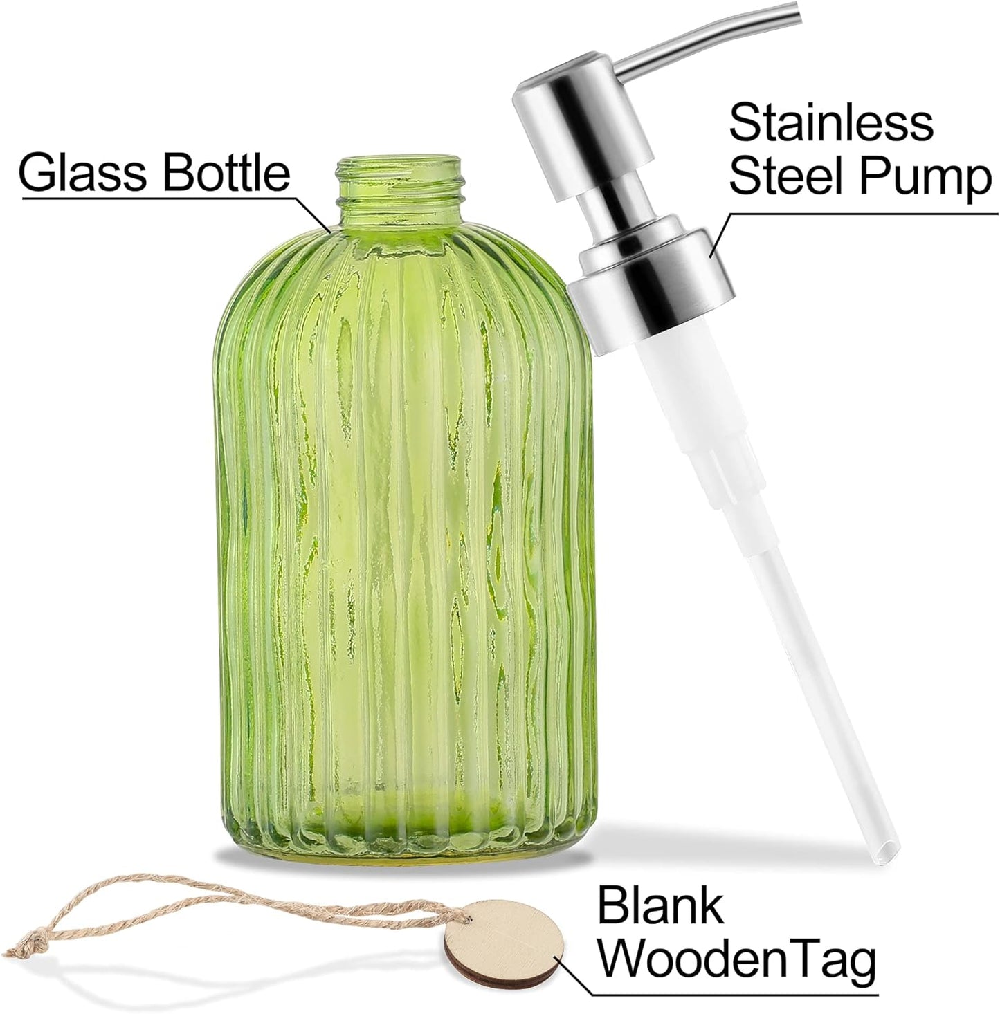 16 OZ Soap Dispenser，Tempered Glass Clear Vertical Stripe with 304 Rust Proof Stainless Steel Pump Refillable Liquid Hand Soap Dispenser，for Bathroom, Kitchen, Dish Soap，Lotion (Green)
