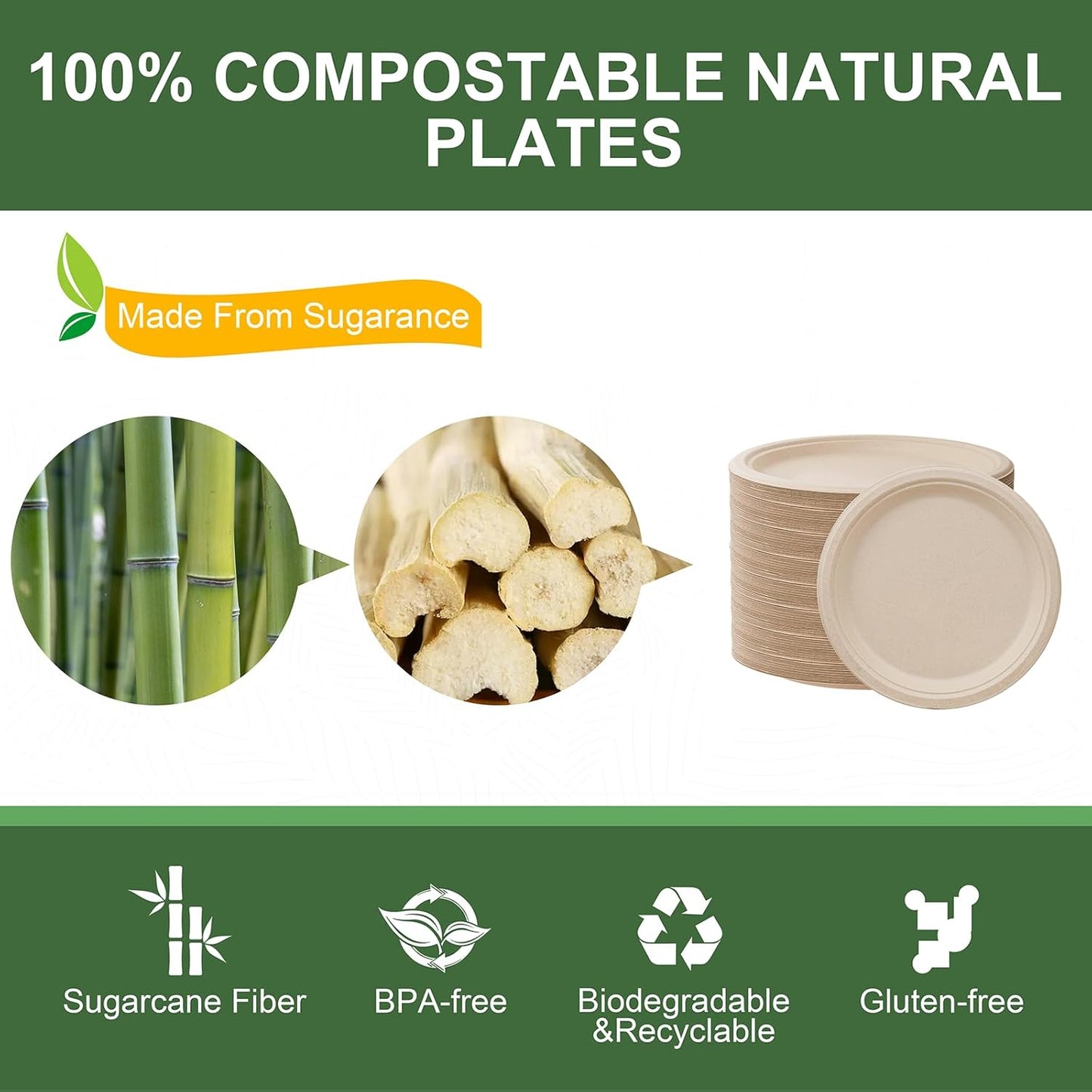 WELLIFE 100% Compostable Paper Plates 10 Inch, 125-Pack Heavy Duty Paper Plates Bulk,Biodegradable Bagasse,Eco-Friendly Disposable Dinner Plate for BBQ,Picnic,Party (BPI Certified,Microwaveable)