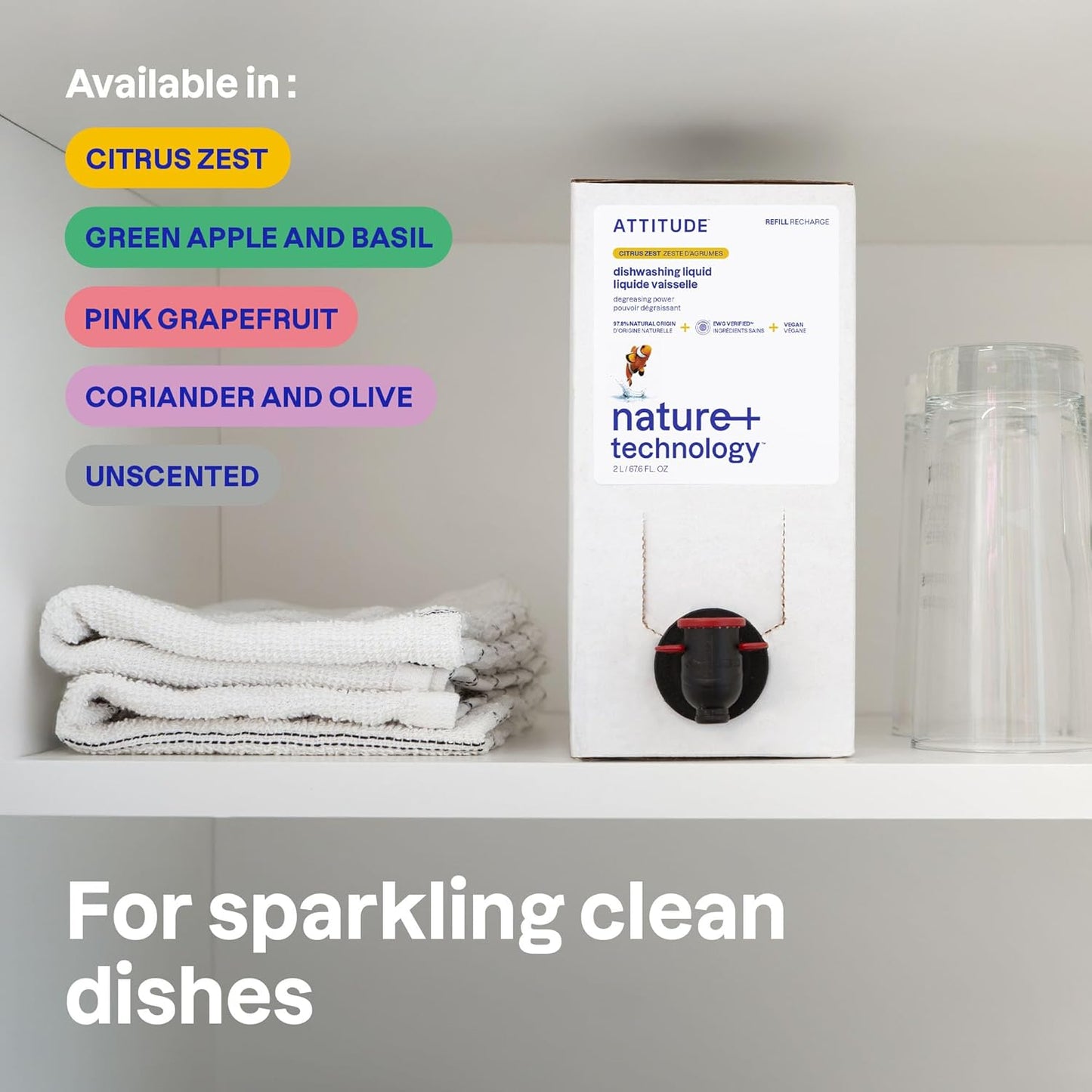 ATTITUDE Dish Soap Refill, EWG Verified, Plant-Based & Vegan Dishwashing Liquid, Naturally Derived, Pink Grapefruit, 67.6 Fl Oz