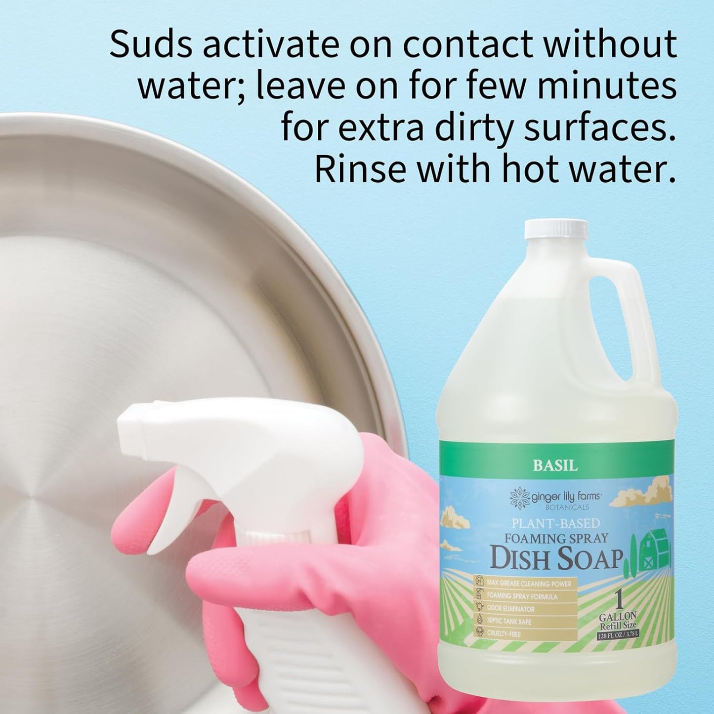 Ginger Lily Farms Botanicals Plant-Based Foaming Spray Dish Soap, Concentrated Formula with Max Grease Cleaning Power, Cruelty-Free, Basil Scent, 1 Gallon Refill (128 Fl Oz)