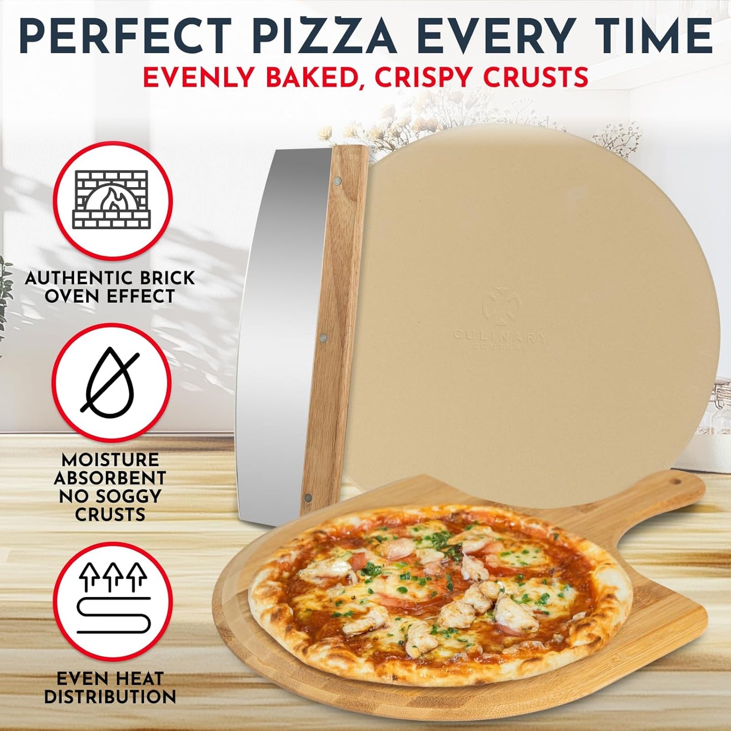 3PCS Round Pizza Stone for Oven Set 15" - Comes with Pizza Peel for Oven and Cutter - Cordierite Stones for Bread, Calzone, Cookies