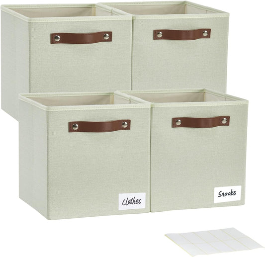 Collapsible Fabric Storage Cube Bins with 2 Reinforced PU Handles, Foldable Storage Organizer Baskets for Closet, Shelves, Living Room | 11"x11"x11", 4 Pack, Sage Green
