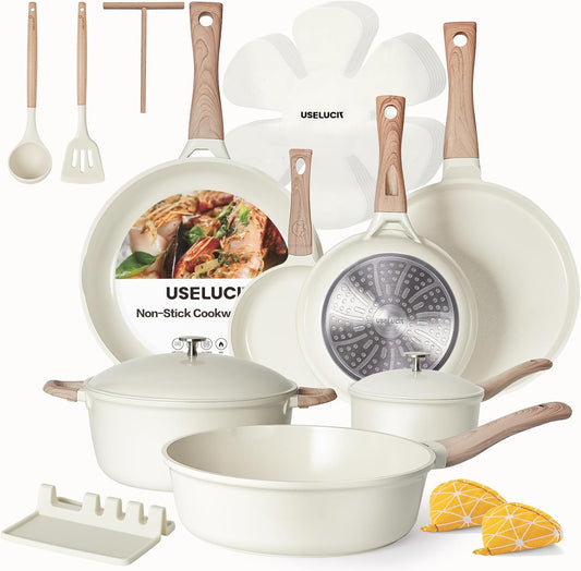 21Pcs Pots and Pans Set with Aluminum Lid, Nonstick Ti-Ceramic Cookware Sets, Induction Cookware Non Stick Cooking Set w/Frying Pans & Saucepans(PFOS, PFOA Free)-White