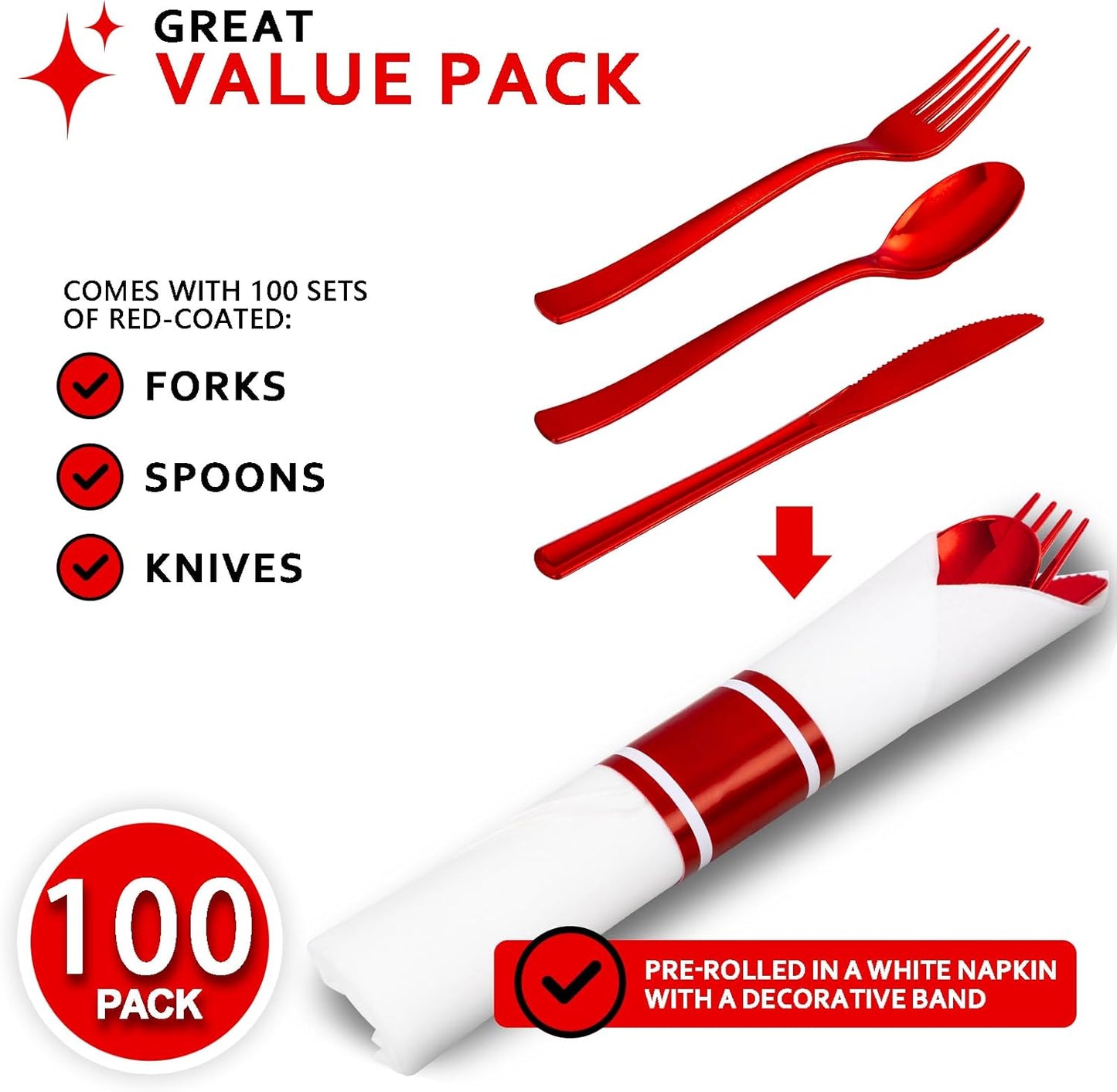 400PCS Pre Rolled Red Plastic Silverware Sets - Heavy Duty Red Cutlery - Include 100 Pack Wrapped Disposable Utensils with Napkins for Parties & Dinners & Weddings