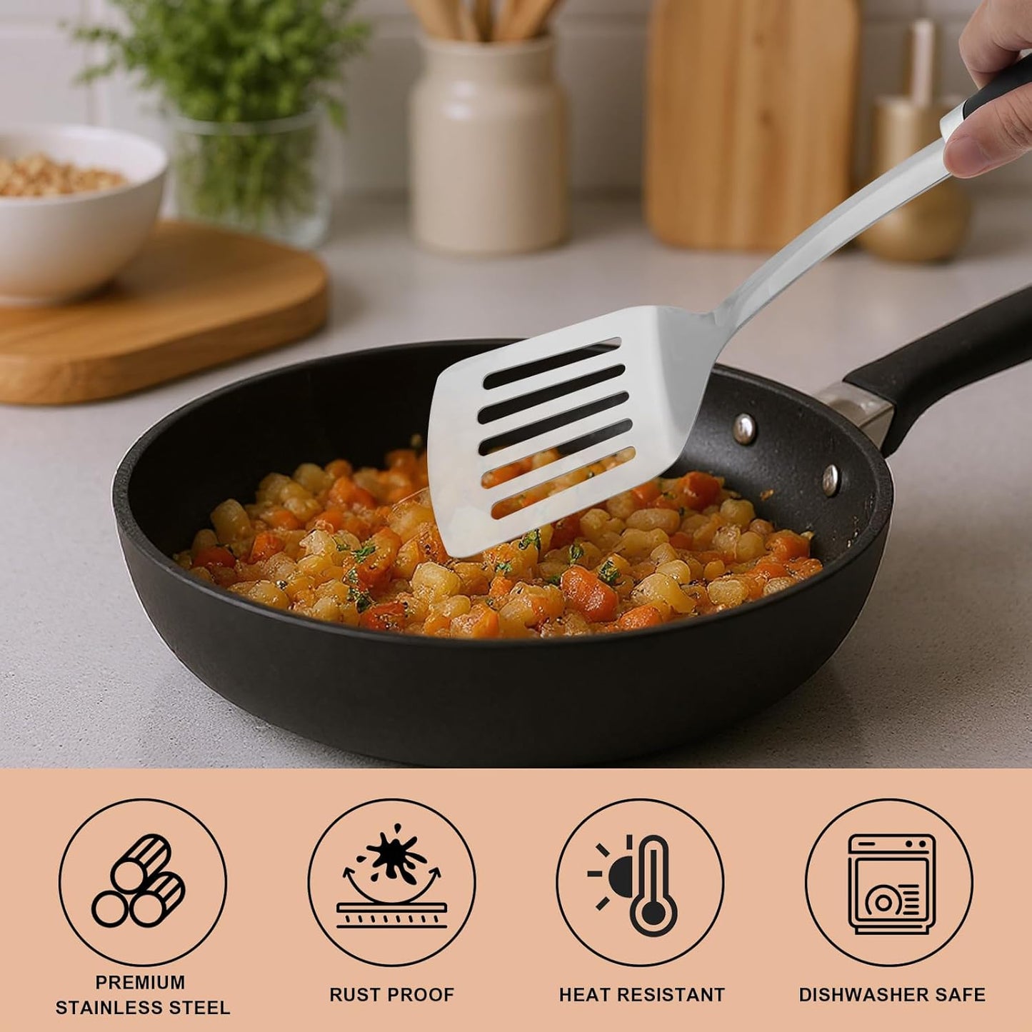 3-Piece Cooking Utensils Set Stainless Steel Large Serving Spoons Set Slotted Spoon Spatula Turner Skimmer Commercial and Residential Use Dishwasher Safe