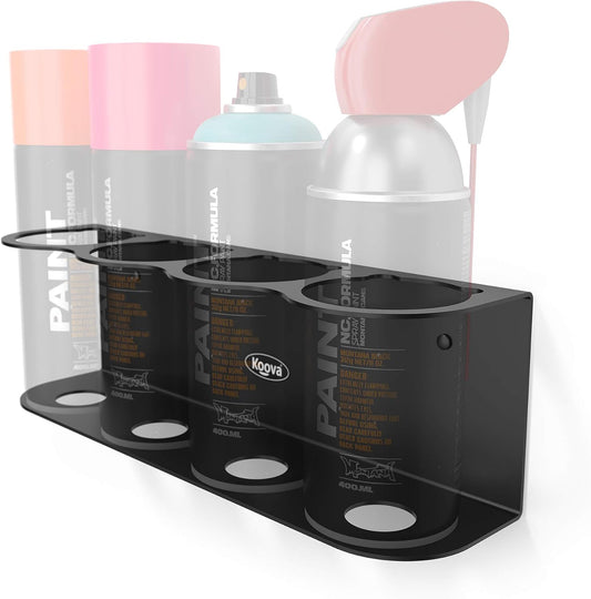 Koova 4 Aerosol Spray Can Holder | Easy Install Wall Mount | Heavy-Duty Powder Coated Steel Storage Rack for Garage & Home | Craft Workspace Paint Bottle Organizer | Hardware Included | USA Made