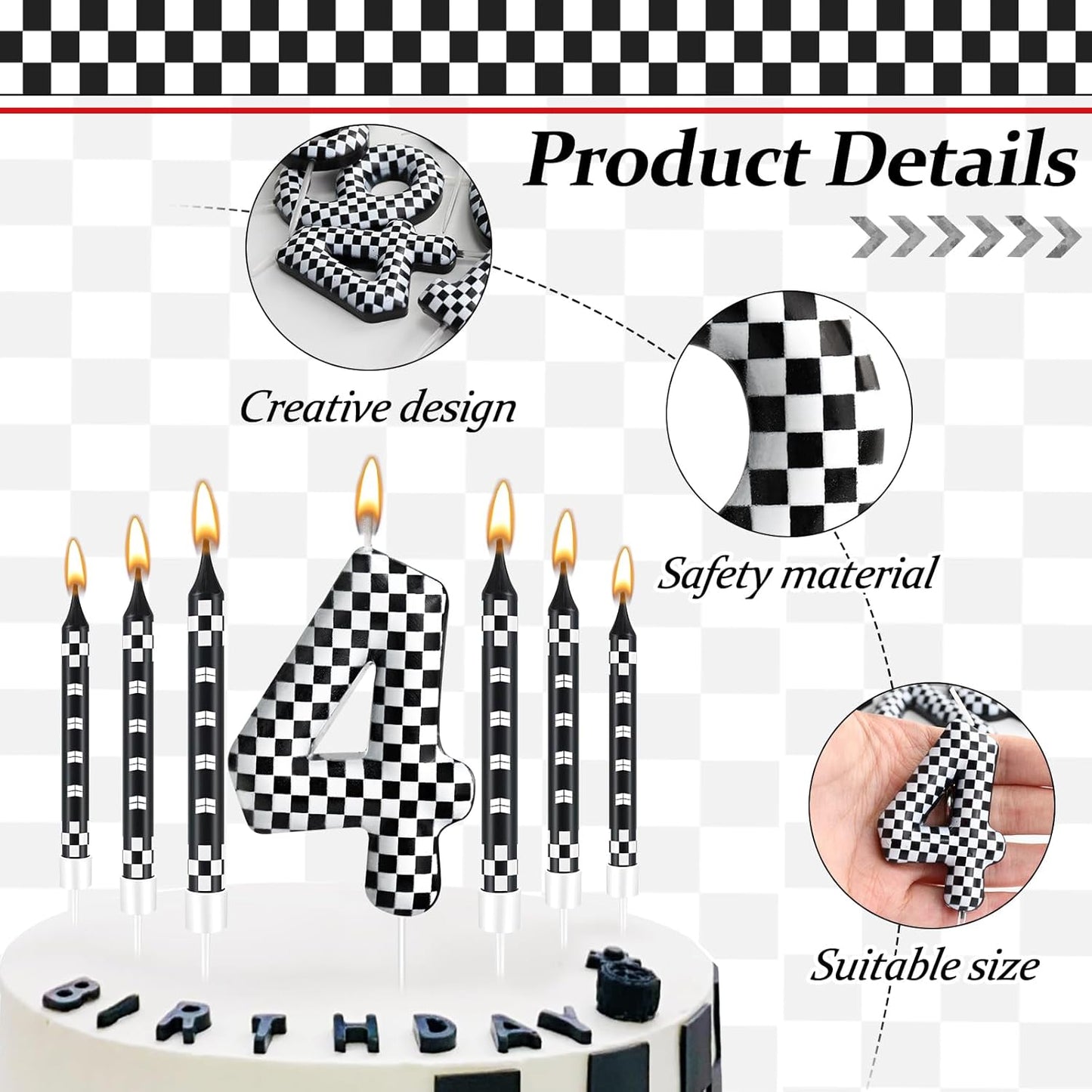 13 Pcs Racing Cars Themed Birthday Candles Black and White Race Number 4 Checkered Candle Cake Topper for Racing Car Party Decoration Supplies (Number 4)