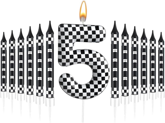 13 Pcs Racing Cars Themed Birthday Candles Black and White Race Number 5 Checkered Candle Cake Topper for Racing Car Party Decoration Supplies (Number 5)