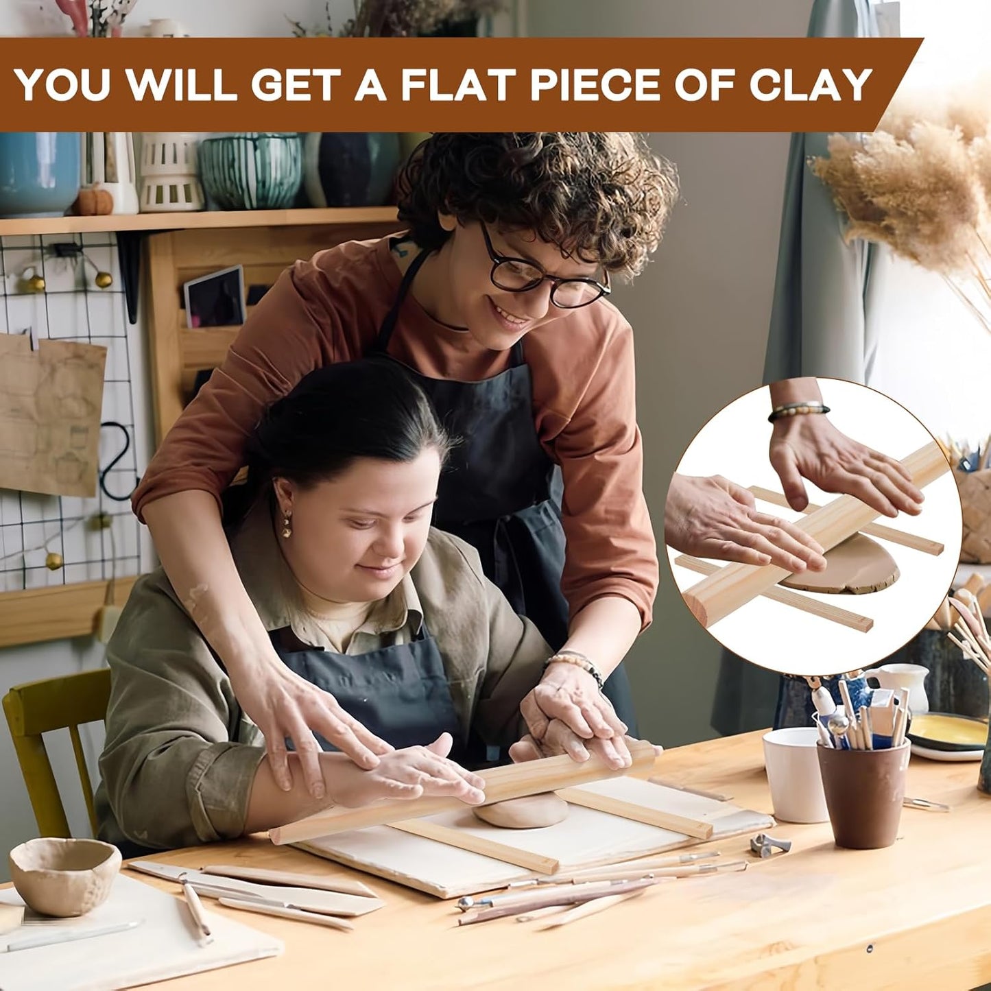 11 Pcs Pottery Rolling Pin Set, 5 Size Pottery Teaching Rolling Mud Stick Guide and Wooden Clay Roller, Pottery Tools for Precise Polymer Clay Thickness Measurement, Clay Tools Gifts Craft