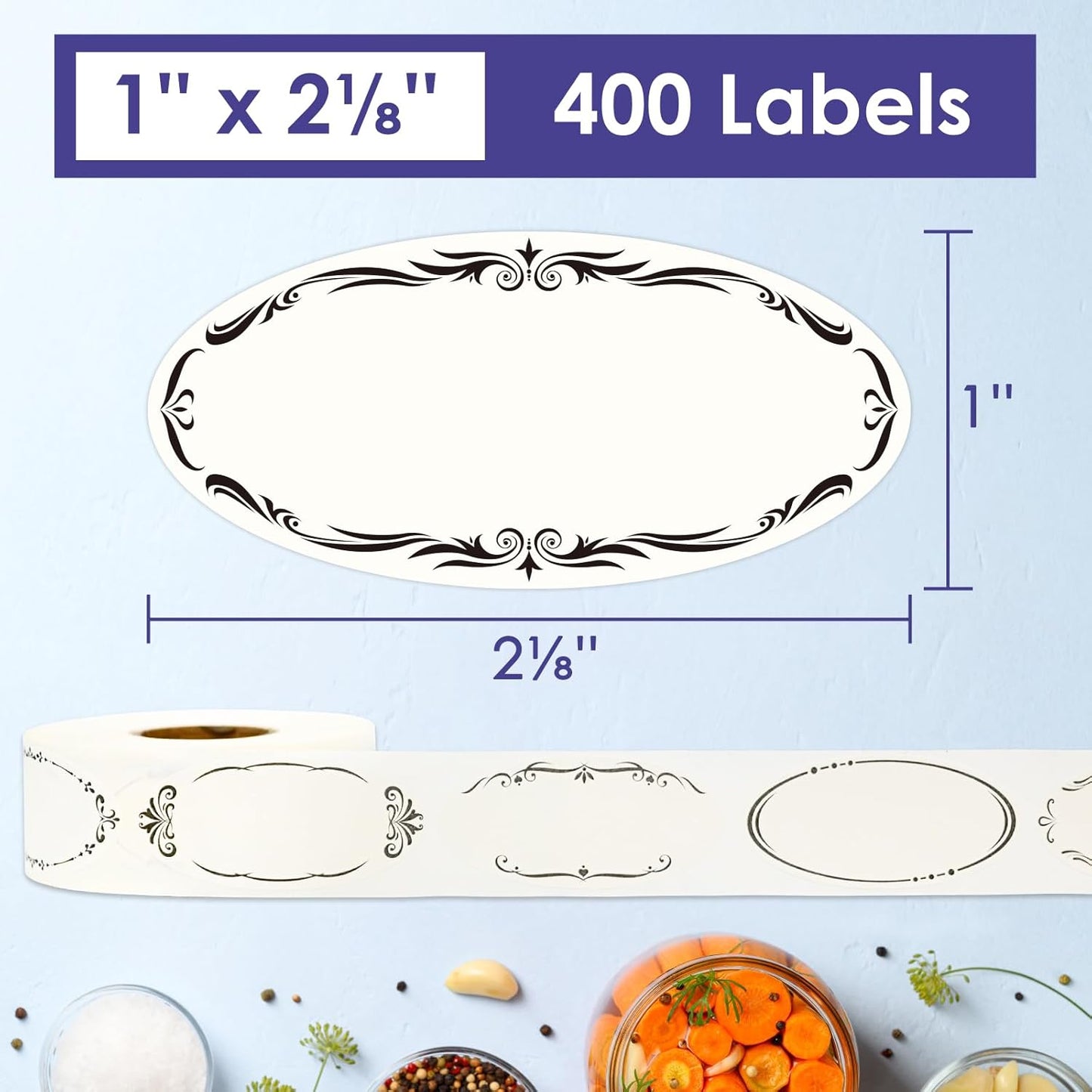 400 Dissolvable Canning Labels for Mason Jars, Small Pantry Labels 1 x 2⅛ inch, Water-Soluble Stickers-8 Designs