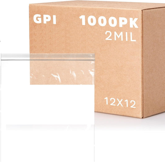 12" x 12" Large Zip Bags, 2 Mil Thick Clear Plastic Reclosable Zipper Lock Bags with Write-on White Block, with Resealable Zip Top Lock for Food Storage & Office Supplies, 1000 Count