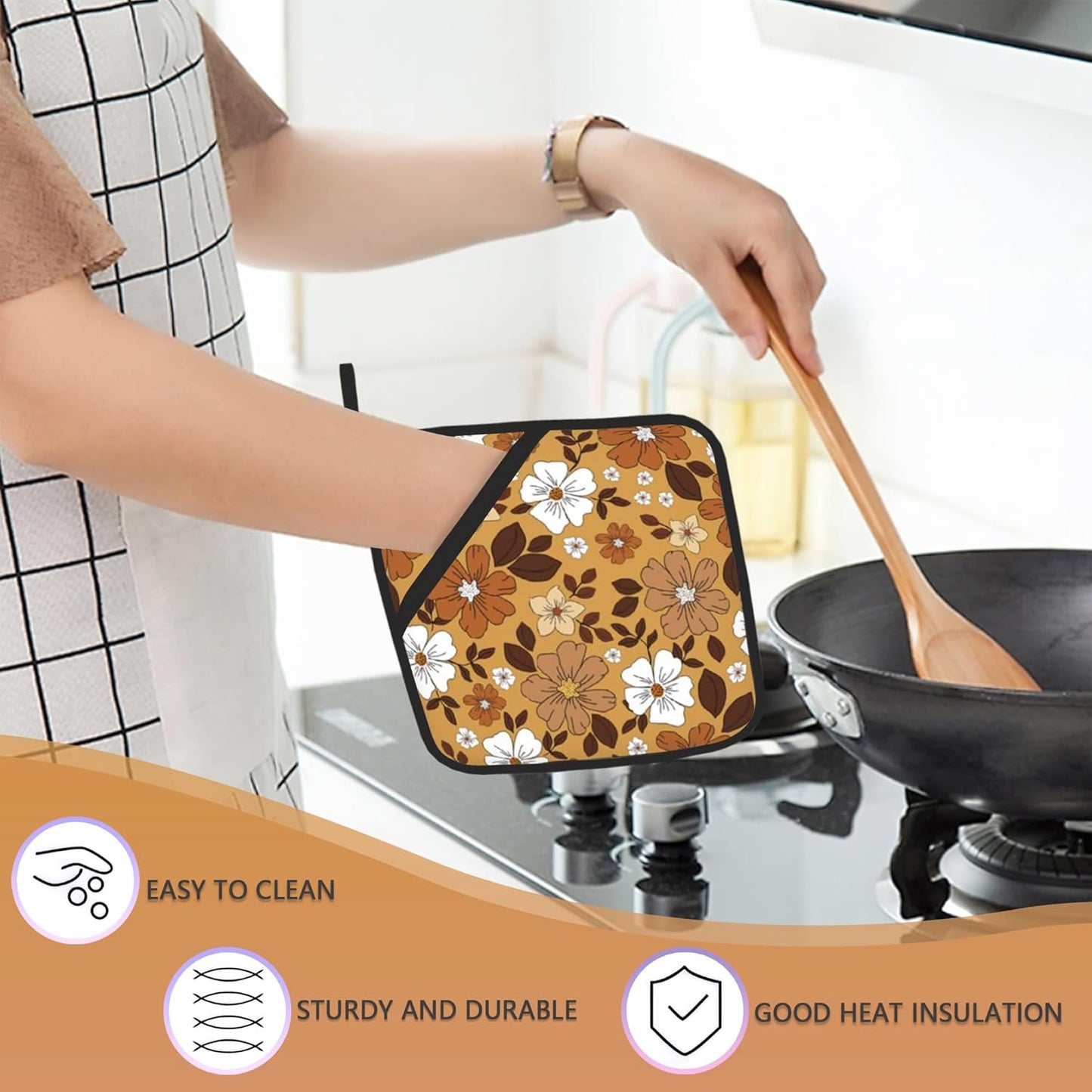 2 Pack Vintage Floral Pot Holders for Kitchen Heat Resistant, White Brown Flowers Potholders for Kitchens Washable for Cooking & Baking & Microwave