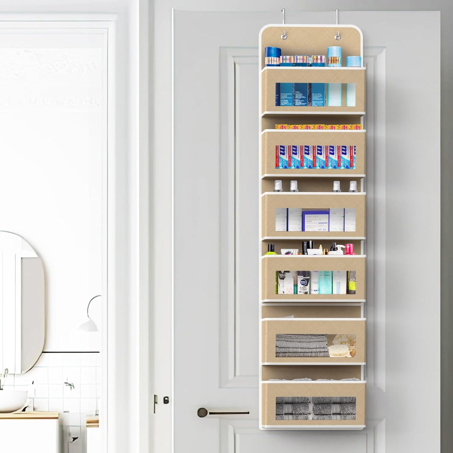 SIMPLE HOUSEWARE 6 Clear Window Pocket Over Closet Door Storage Hanging Organizer for Bedroom, Bathroom, Pantry, Beige