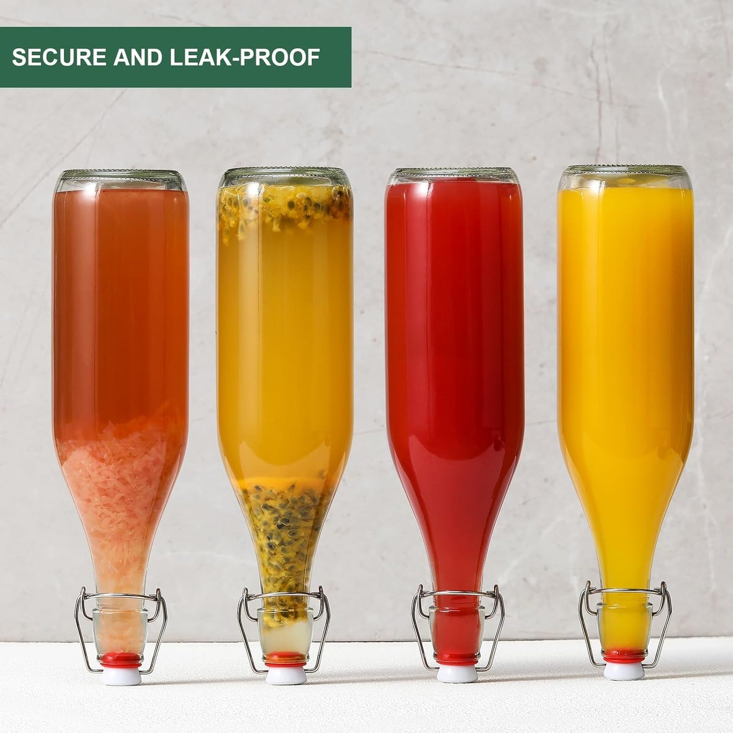 4 Pack [1 Liter / 33 fl. oz.] Swing Top Glass Bottles w/Airtight Stopper Lids – Flip Top Brewing Bottle for Fermentation, Kombucha, Mead, Vinegar, Beer, Kefir, Wine – With 4 Extra Seals & 2 Pourers