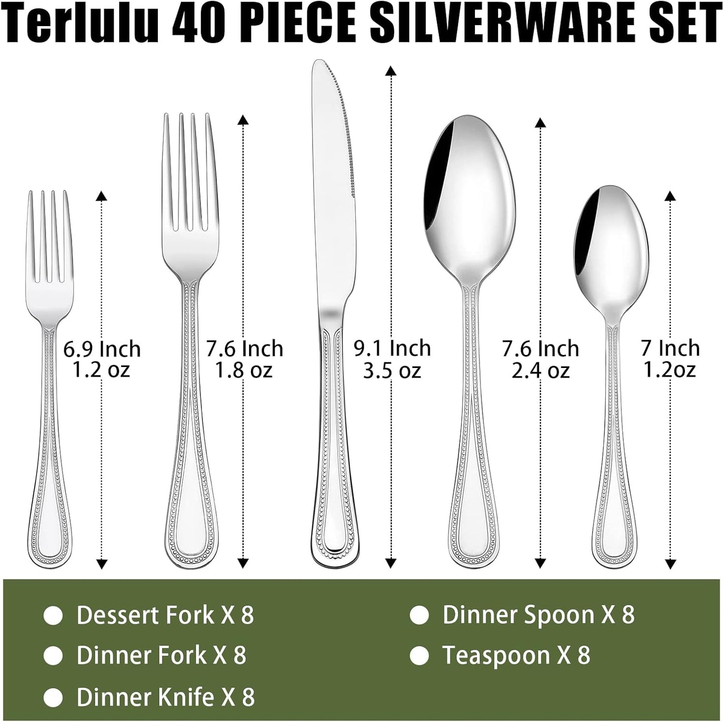 40 Piece Silverware Set for 8, Terlulu Stainless Steel Flatware Set, Mirror Polished Cutlery Set Utensil Set, Tableware Include Forks Spoons Knives for Home Restaurant, Beaded Handle, Dishwasher Safe