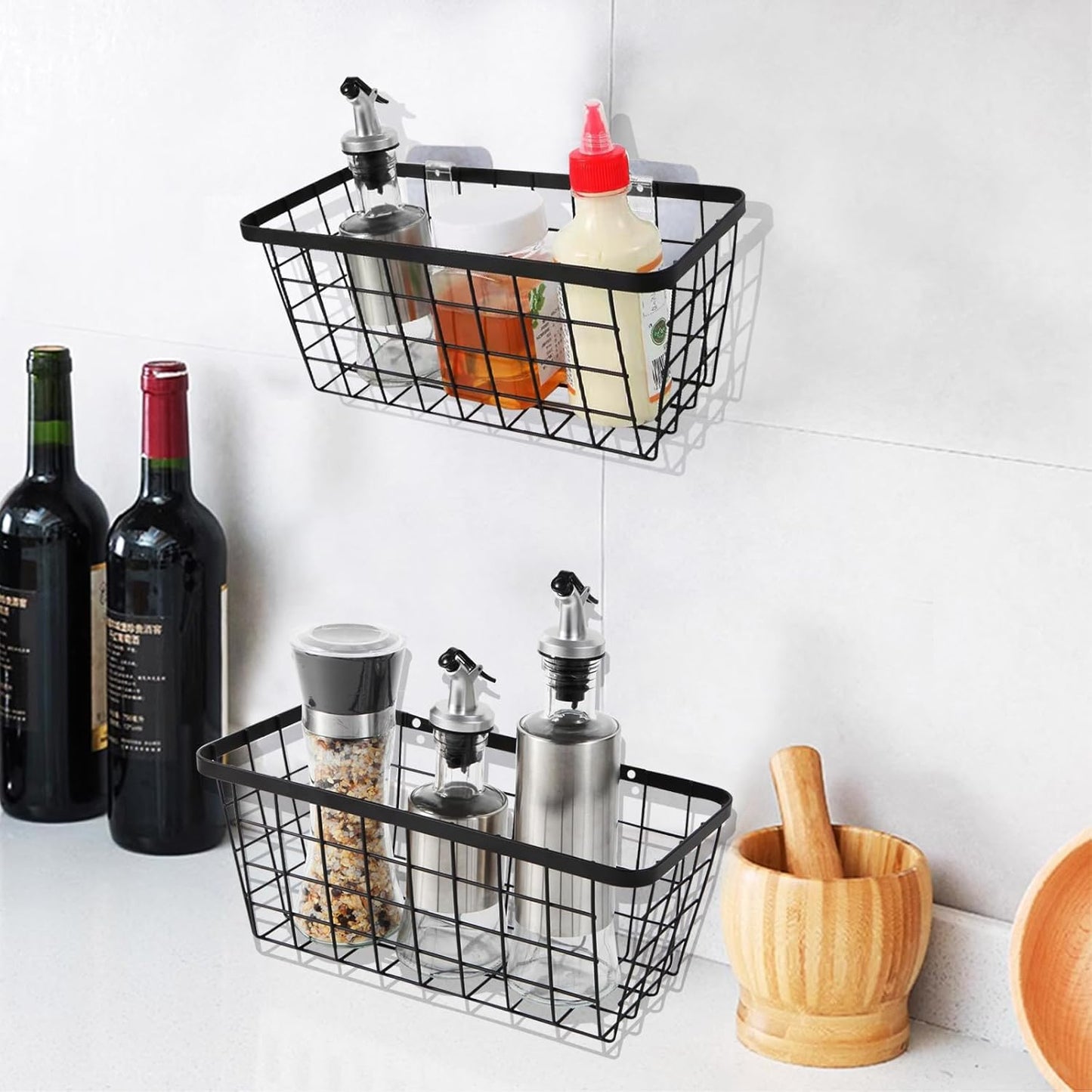 2 Pack Hanging Wall Basket Organizer Over the Cabinet Door Wire Baskets for Organizing -Space-Saving Hanging Baskets for Organizing Wall Mount Storage,No Drilling Adhesive Wall Storage Basket, Black