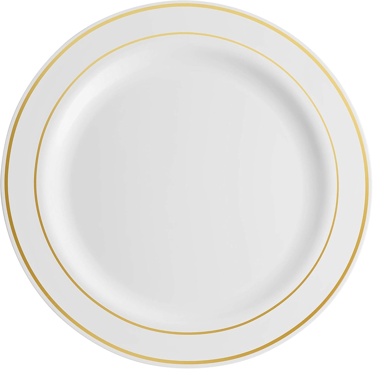 Munfix 100 Piece Plastic Party Plates White Gold Rim, 50 Premium Heavy Duty 10.25 Inch Dinner Plates and 50 Disposable 7.5 Inch Dessert Appetizer Elegant Fancy Heavy Duty Wedding Plates