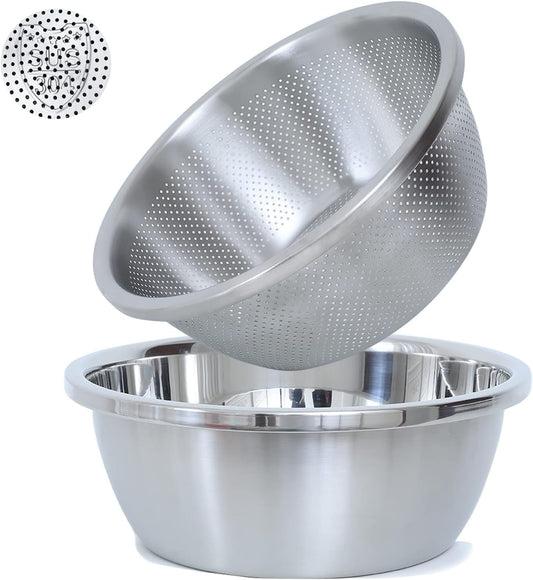 304 Stainless Steel Microporous Colander,2QT Large Capacity with Mixing Bowl For washing vegetables, fruit and rice and for draining cooked pasta(2PC)