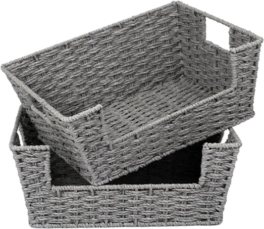 StorageWorks Round Paper Rope Woven Basket for Pantry Organizers and Storage, Stackable Wicker Pantry Baskets for Shelves, Grey, 2-Pack