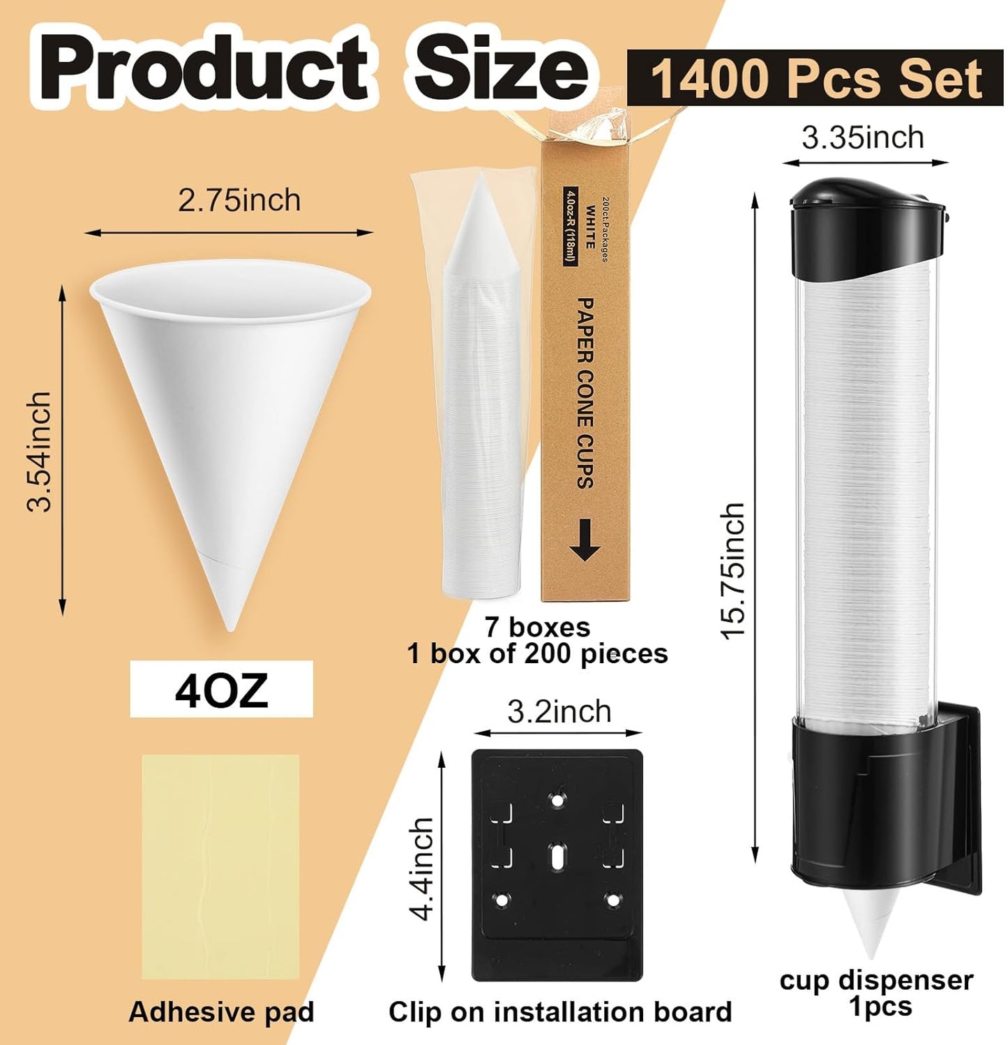 Roshtia 1400 Pcs 4 oz Paper Cone Cups Thicken Disposable with 1 Cups Dispenser Pull Type Wall Mount Cup Holder Paper for Restaurants, Home, and Office, and Shaved Ice, Cold (Black)