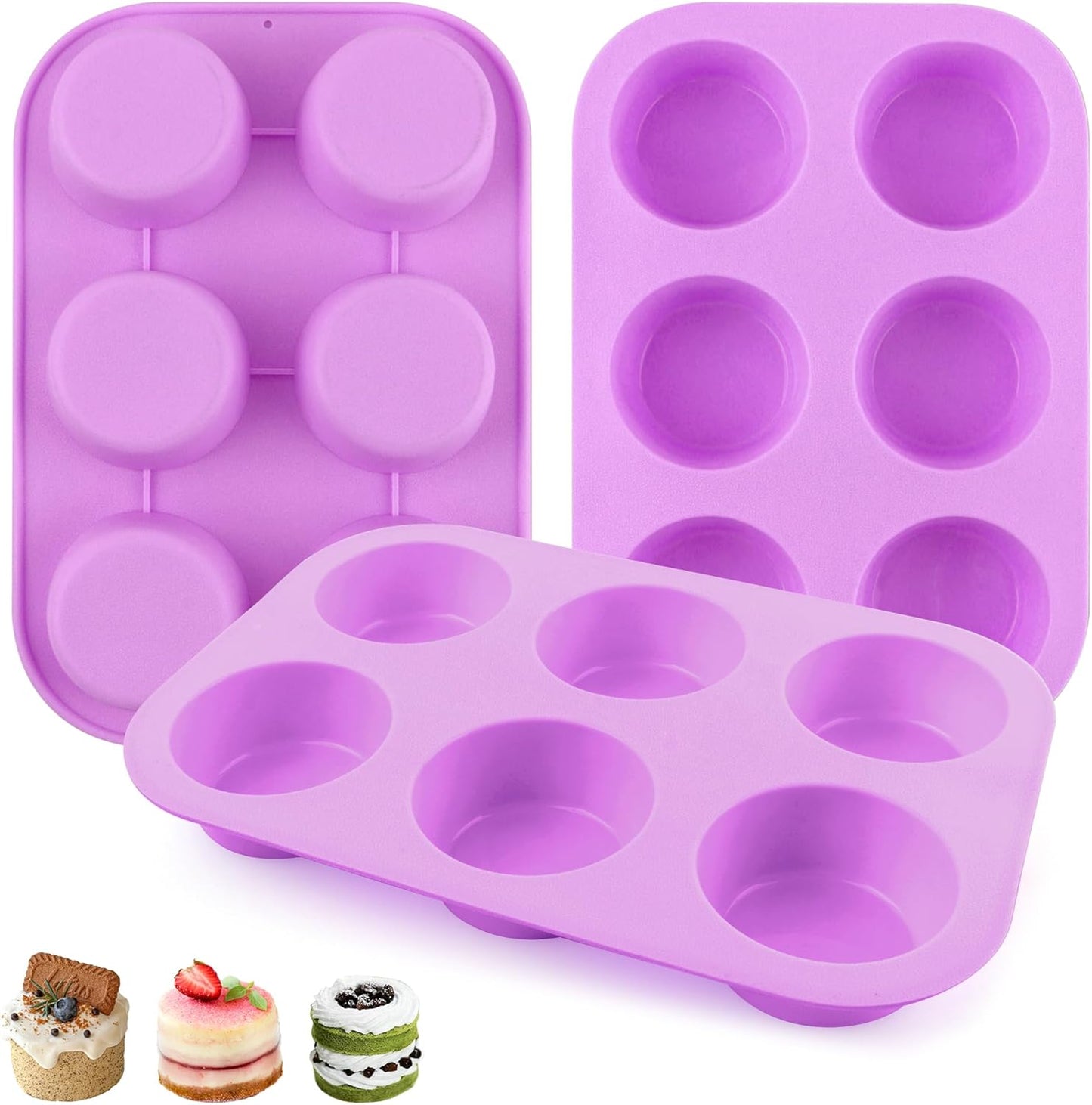 3-Pack 6-Cup Silicone Muffin Pans, Nonstick Cupcake Baking Molds, BPA/PFA-Free, Dishwasher & Oven Safe - Purple