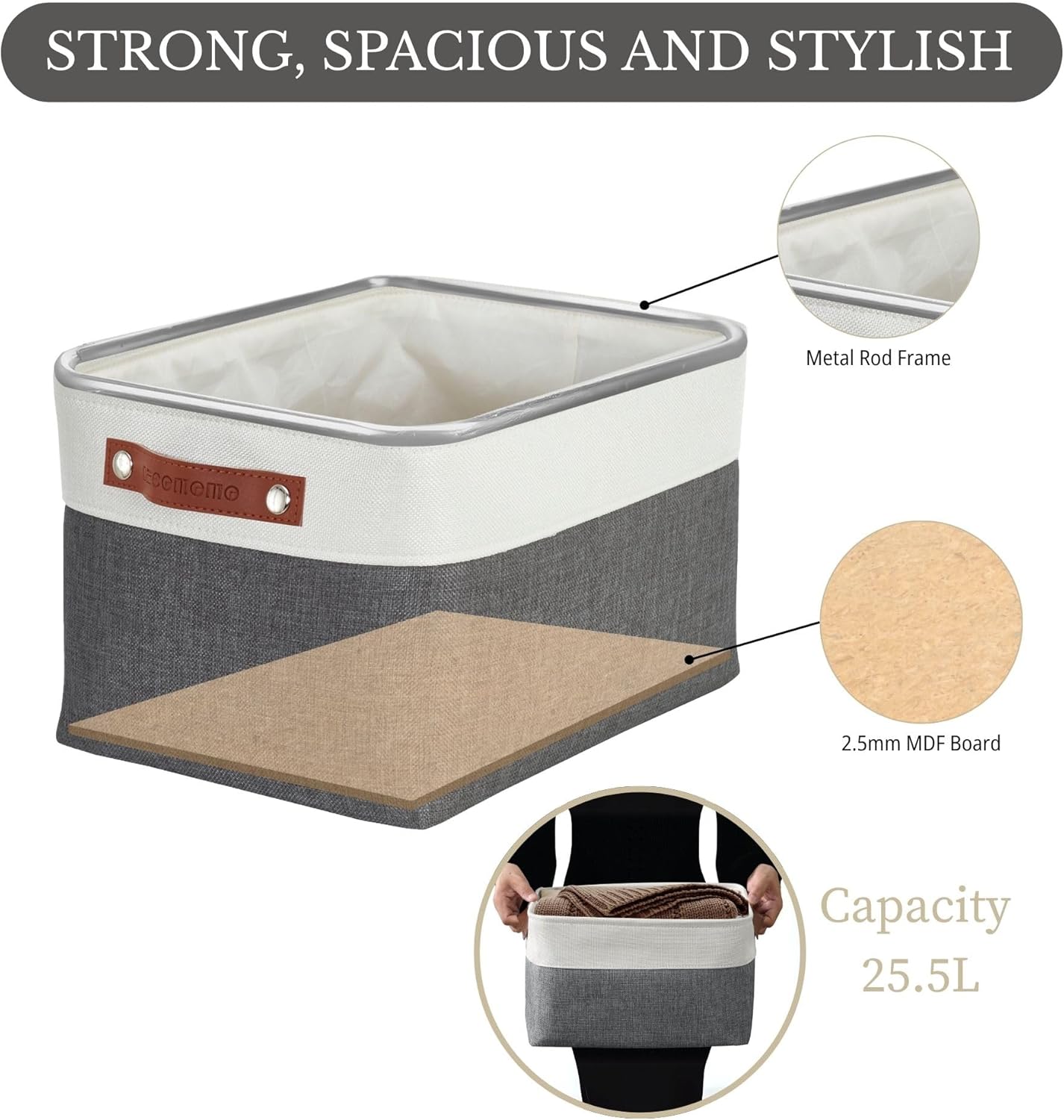 DECOMOMO Storage Baskets for Shelves - Fabric Storage Bins, Linen Closet Organizers and Storage (Slate Grey & White, Large - 3 Pack)