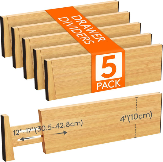 Lifewit 5 Pack Drawer Dividers Bamboo 4" High, 12-17" Adjustable Drawer Organizers for Clothes, Expandable Dresser Separators in Bedroom/Bathroom/Kitchen/Fridge/Office Organization and Storage