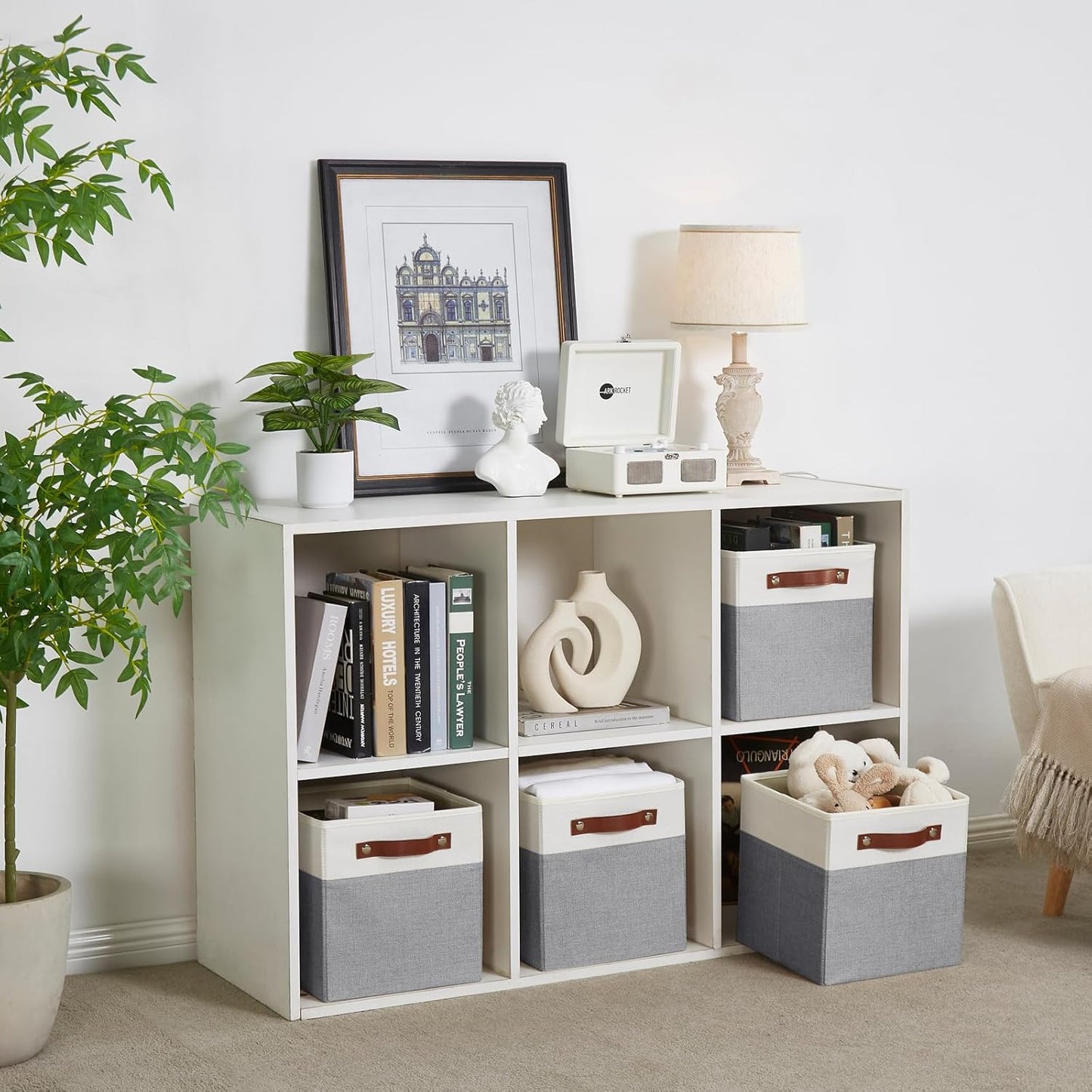 Collapsible Fabric Storage Cube Bins with 2 Reinforced PU Handles, Foldable Storage Organizer Baskets for Closet, Shelves, Living Room | 11"x11"x11", 4 Pack, Gray & White