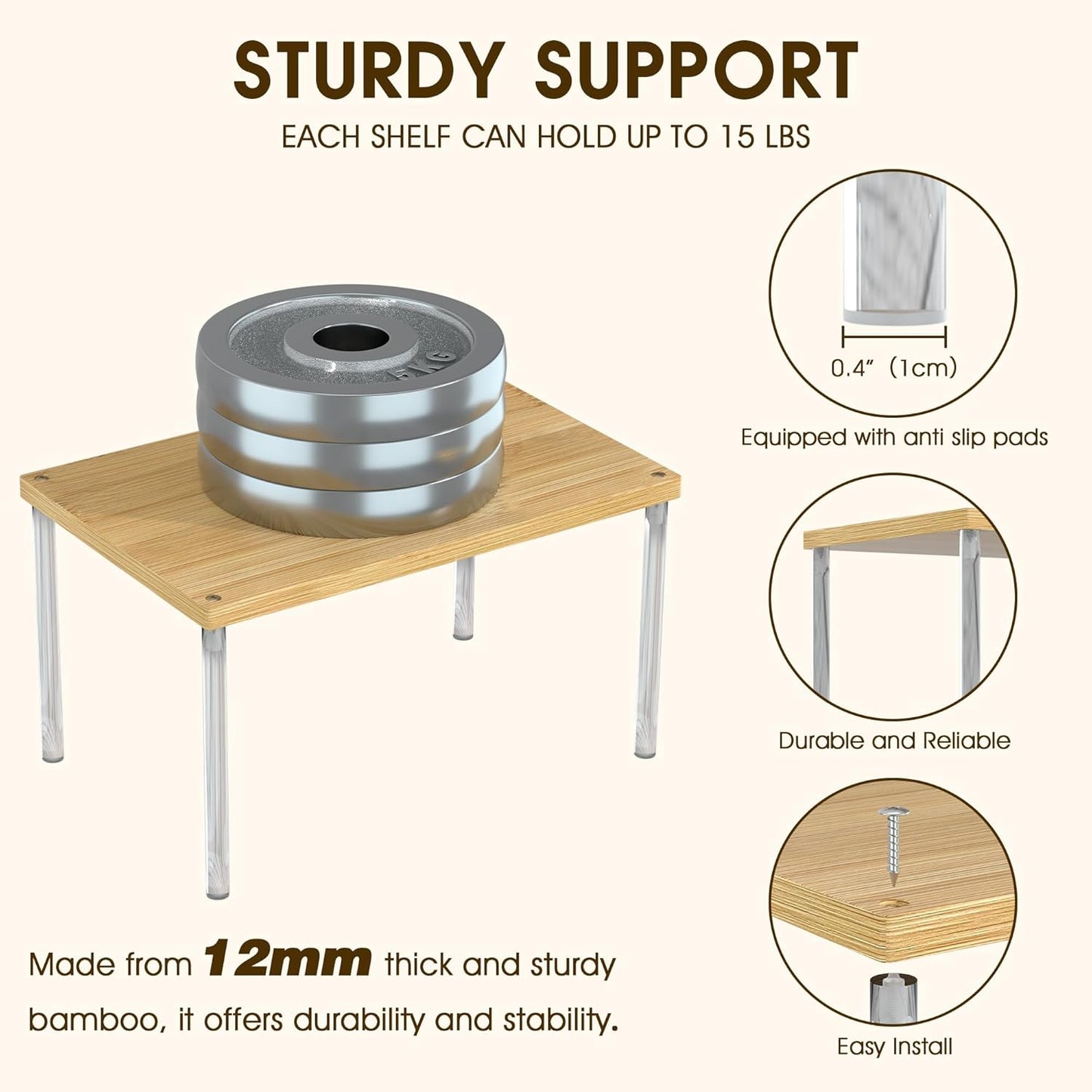 Jolitac Cabinet Organizer Shelf - Set of 2 Clear Acrylic Spice Rack, Stackable Pantry Storage Shelves for Kitchen Counter, Bathroom, Desk - Multi-Purpose Bamboo Space Saving Shelves, Easy Assembly