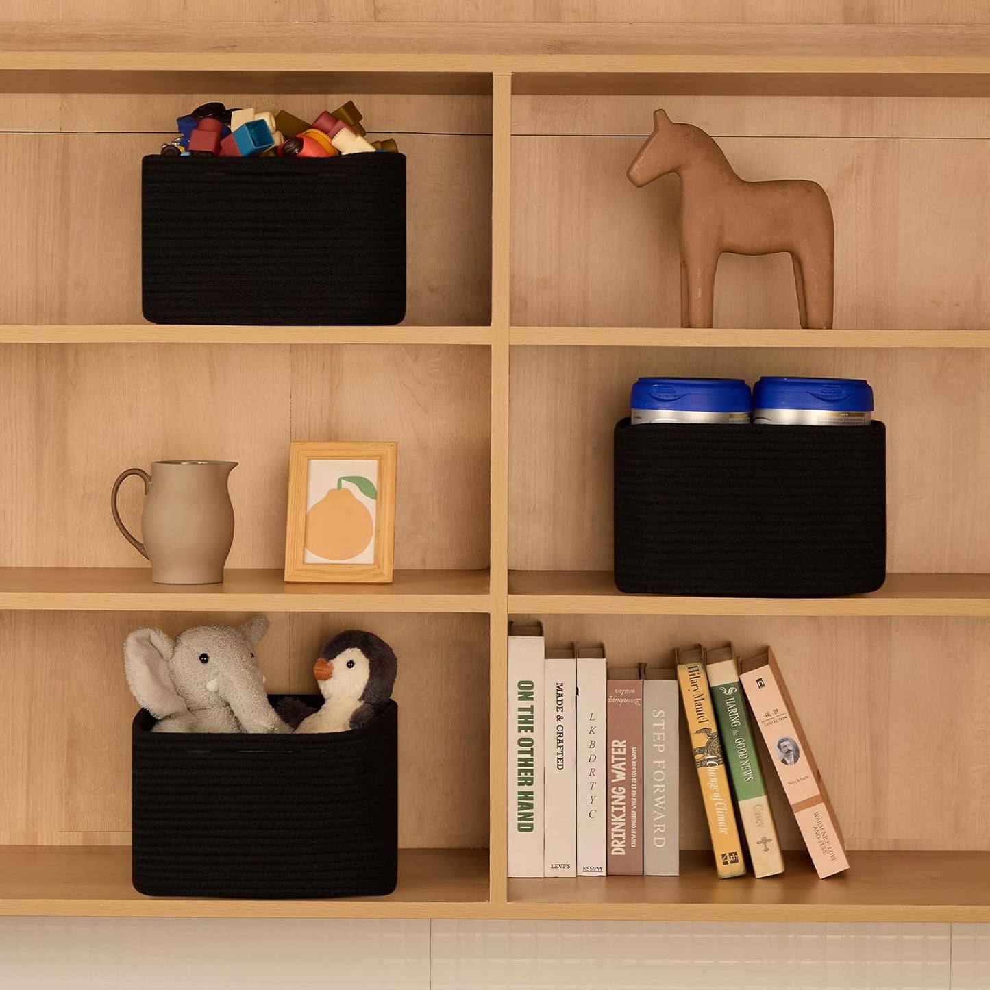 Small Organizing Baskets for Cubes Shelf, 9.7x9.7x7.1 Inch Rope Woven Storage Bins for Nursery Shelves Storage, Cute Toy Basket, Square 3 Packs Black