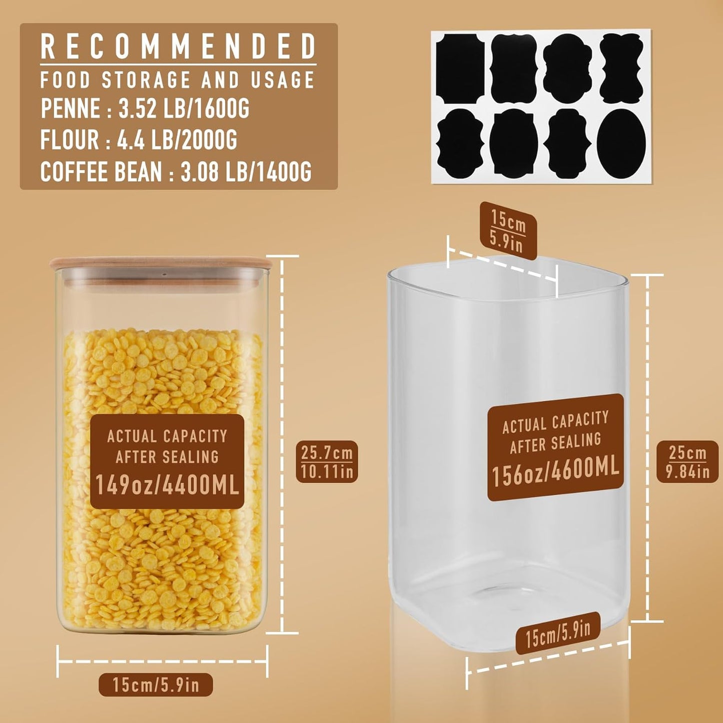 156oz Airtight Glass Square Storage Canister with Bamboo Lid Set of 2(4600ml*2) Large Gallon Glass Jars for Sugar, Flour, Cookies and Coffee beans (‎with Black Lable)