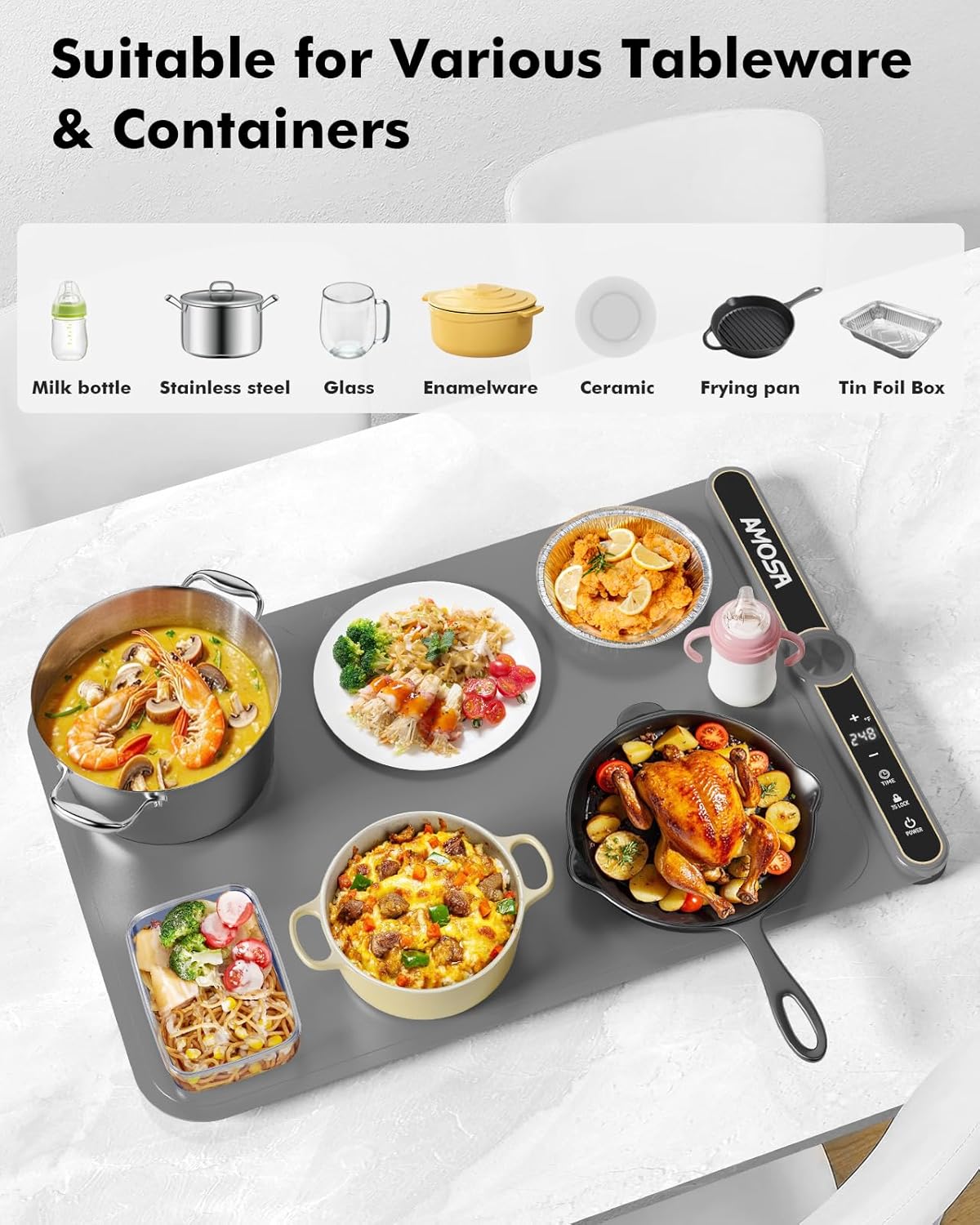 Warming Mat for Food, Fast Heating Electric Food Warmers with 9 Level Temperature and 6 Hours Timer, Large Roll Up Silicone Food Heating Mat, Portable Warming Trays for Buffets Party (Grey)