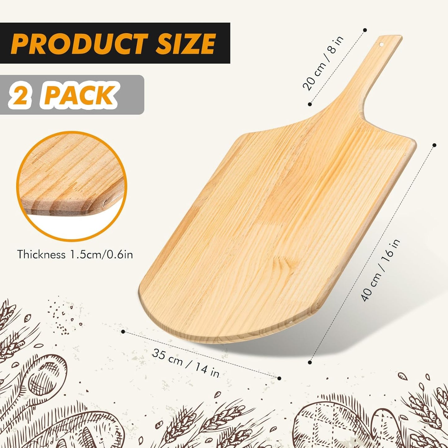 2 Pack Wooden Pizza Peel, 16 x 14 Inch Large Pizza Paddle Set with 8 Inch Wooden Handle for Oven, Stone, Pan or Grill, Spatula for Baking Bread and Cake - Indoor & Outdoor