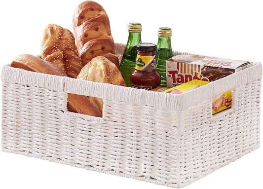 OIAHOMY Wicker Basket, Paper Shelf Basket with Built-in Handles, Rectangular Wicker Storage Bin for Pantry, Shelves, 1 Pack-White